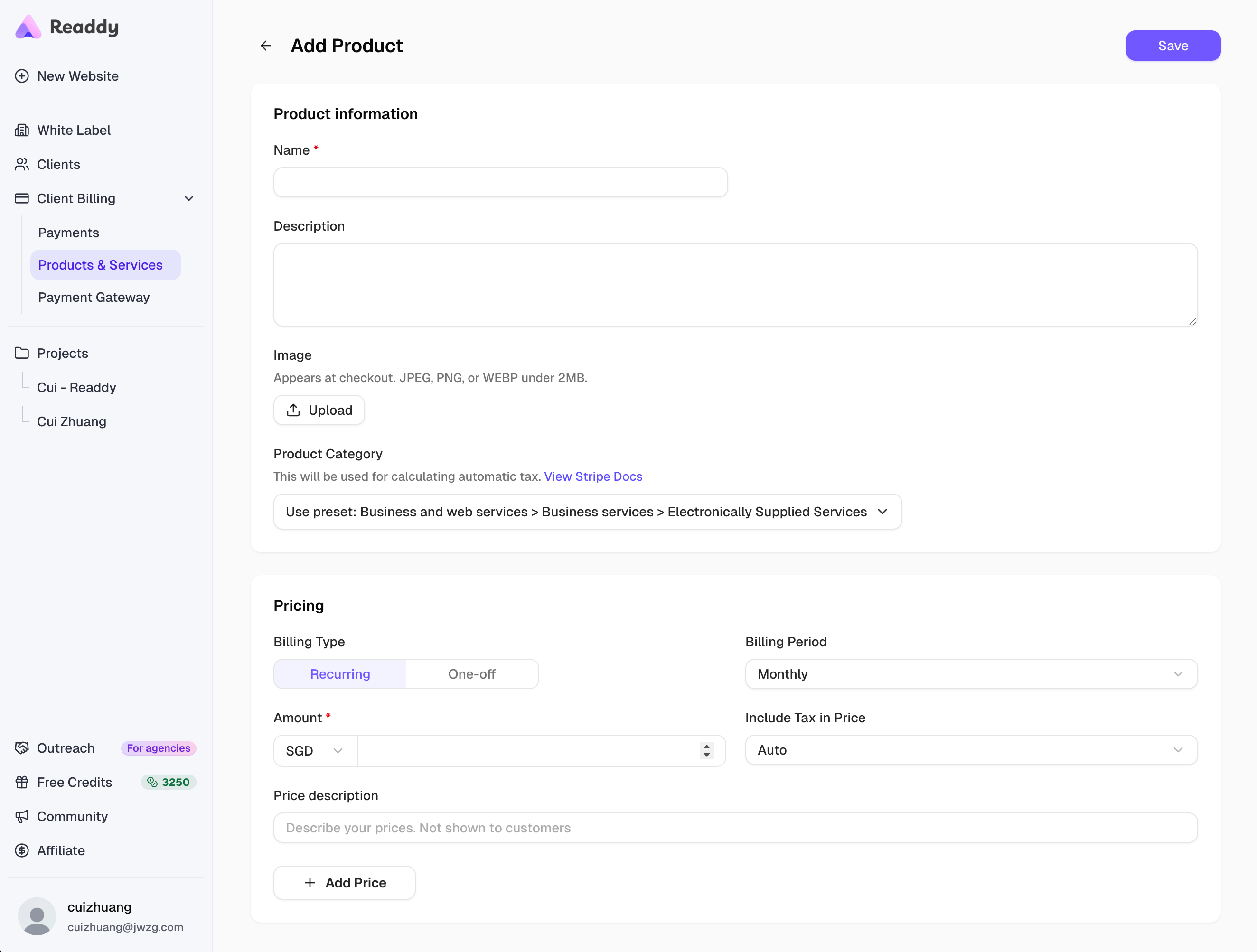 Add Product page showing product information, category, and pricing fields