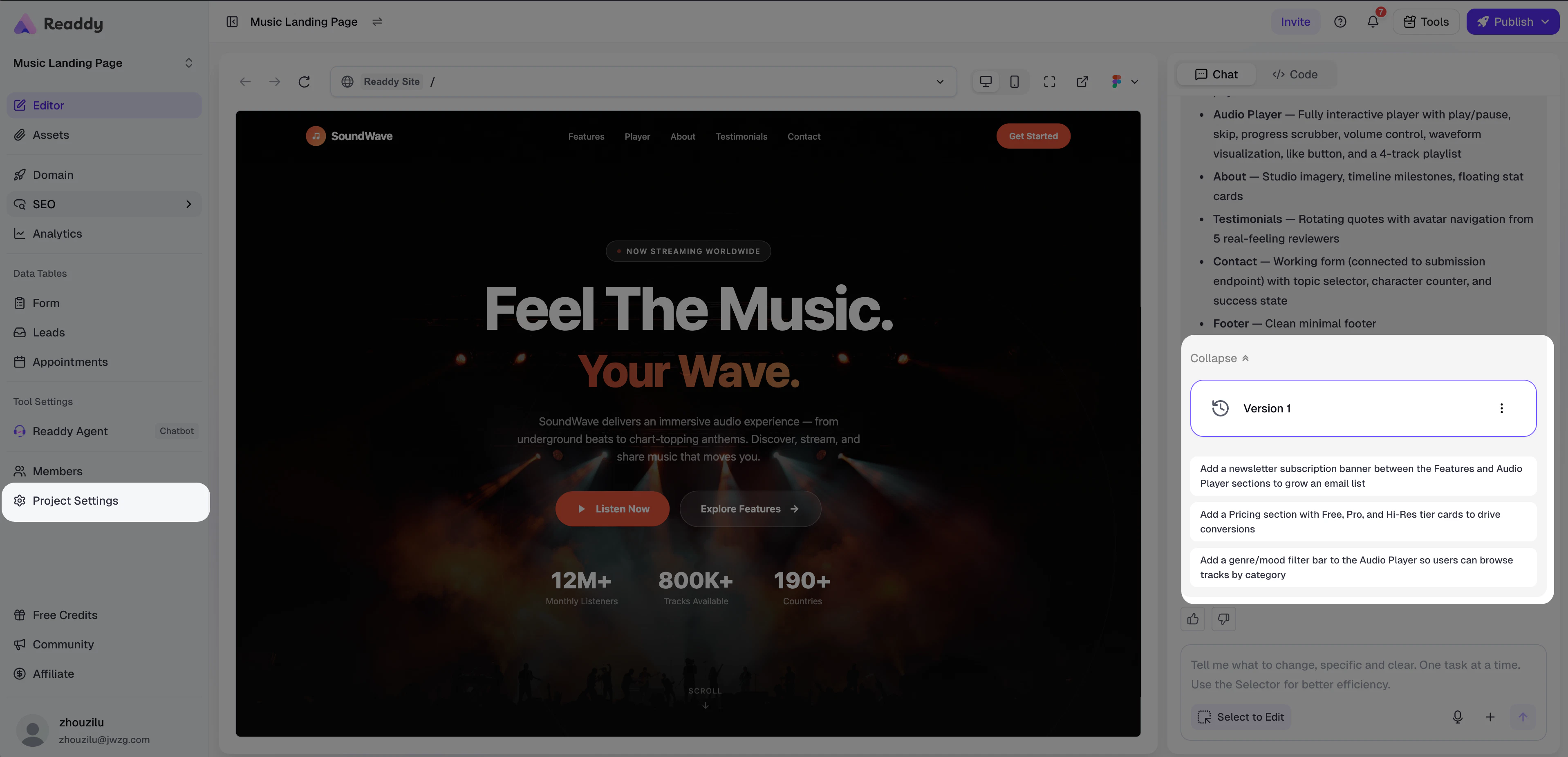 Project state showing at least one generated version before entering OG Preview Settings