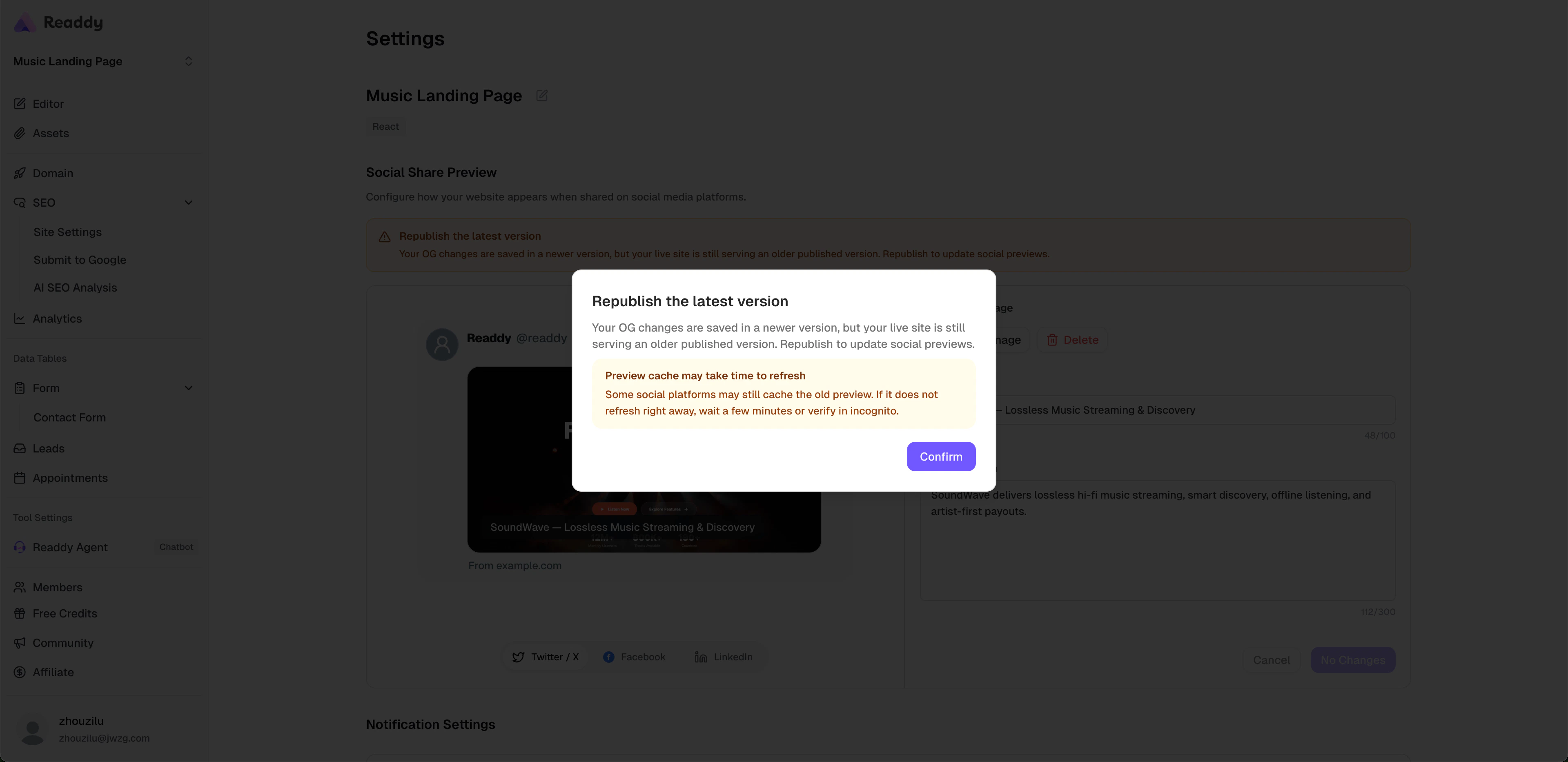 Success modal telling the user to republish the latest version