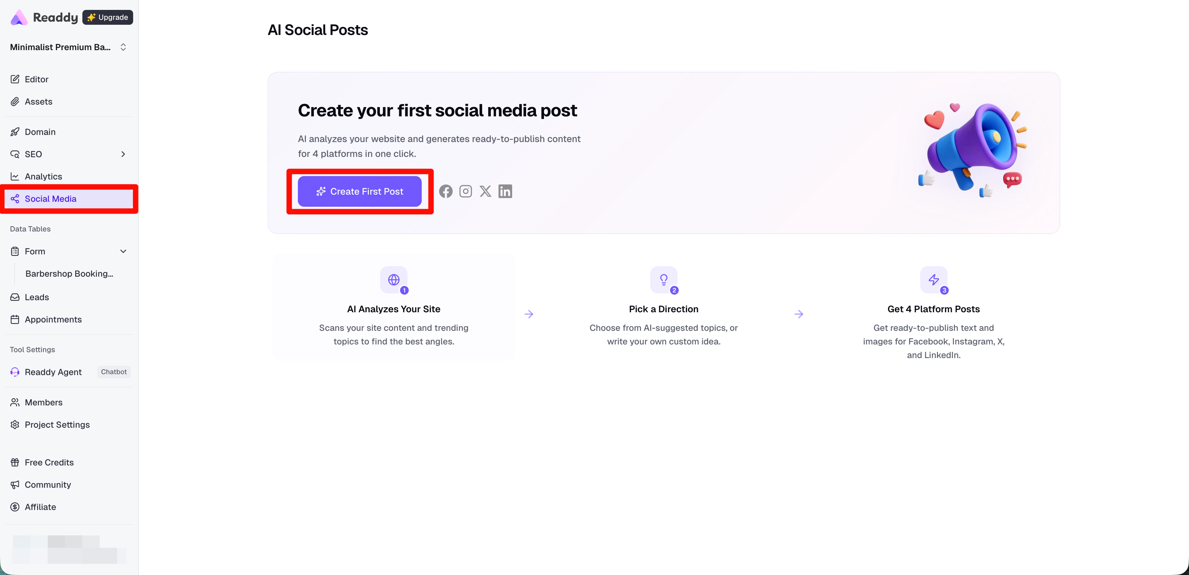 AI Social Posts home screen