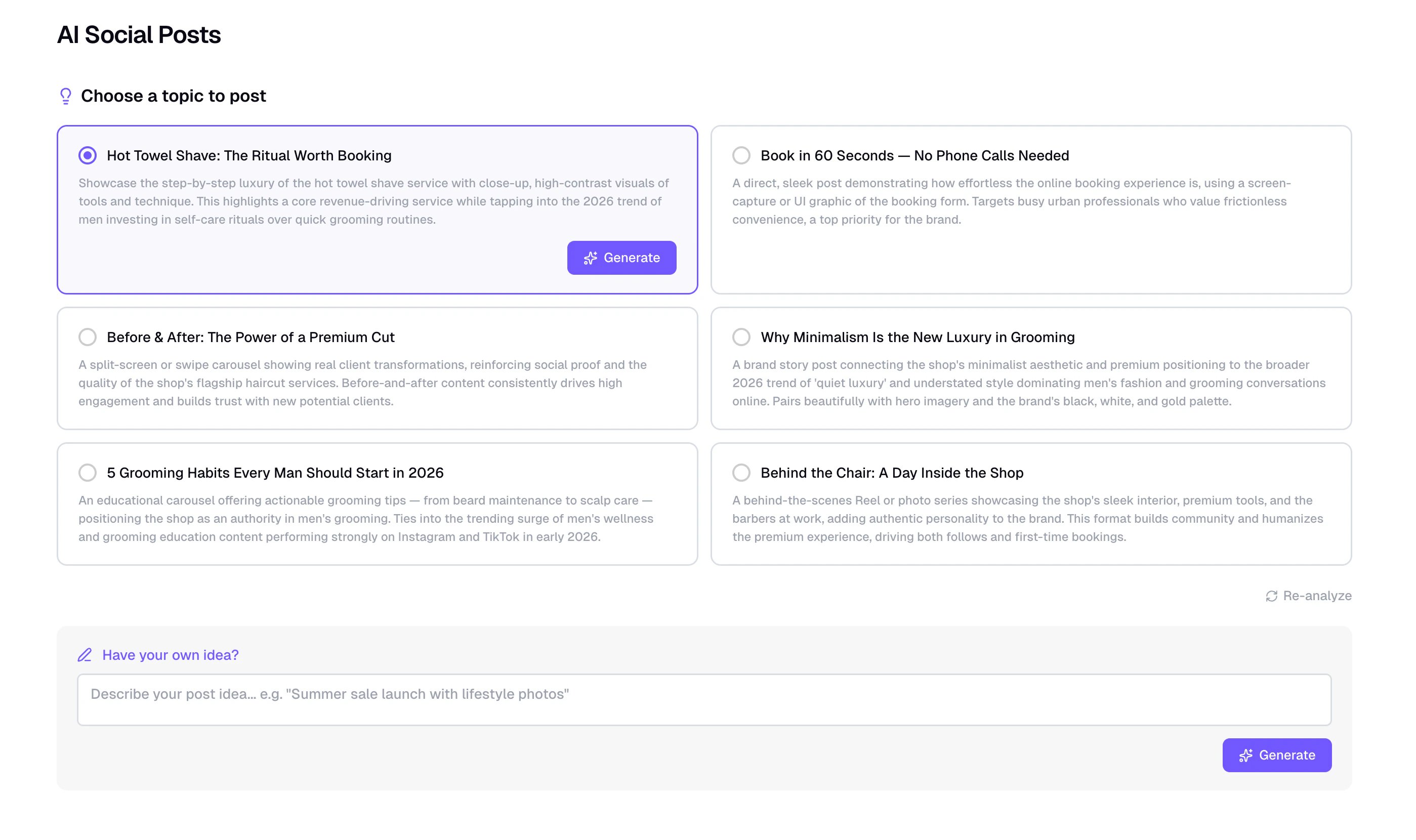 Topic selection screen with AI suggestions