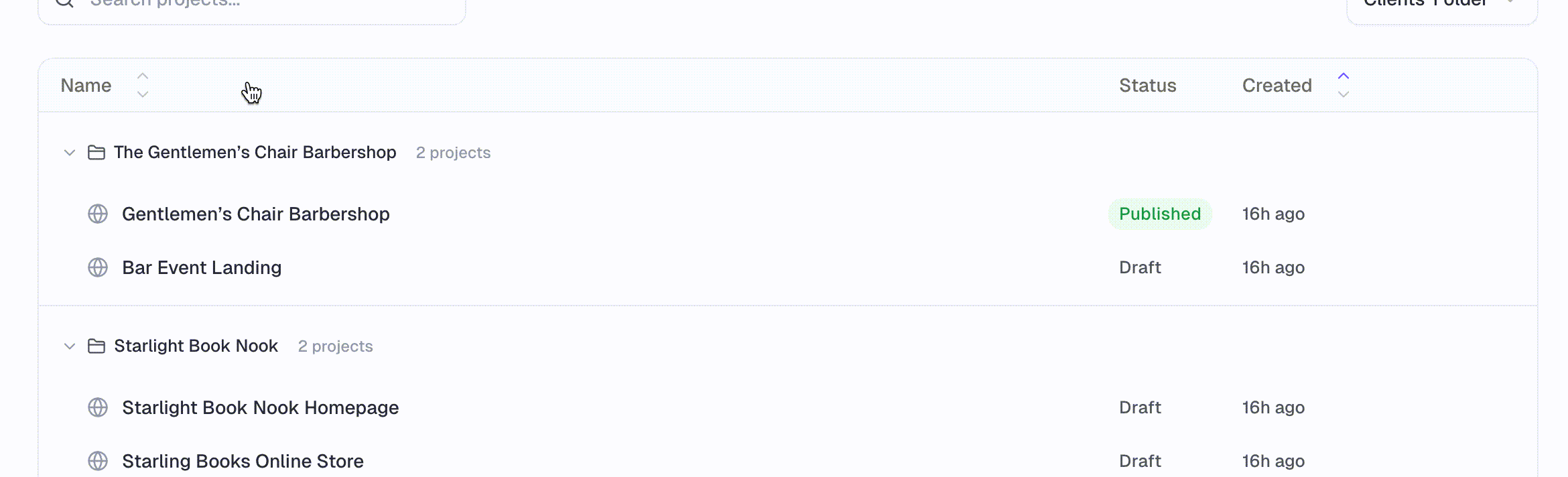 Search and sort projects