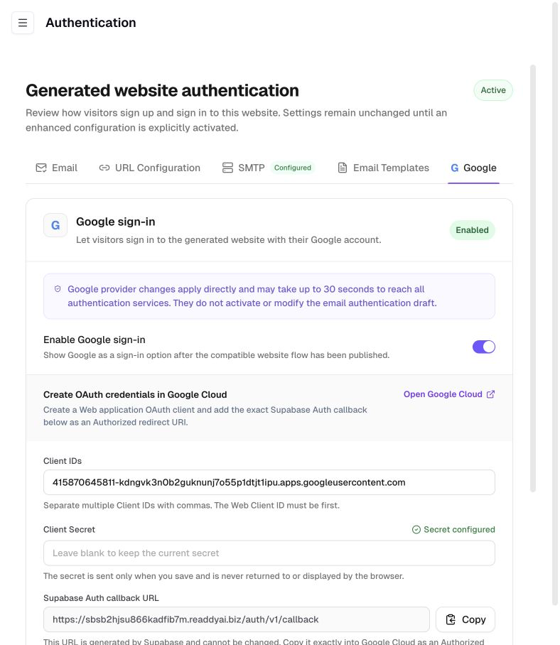 Google authentication callback URL and JavaScript origin in Readdy