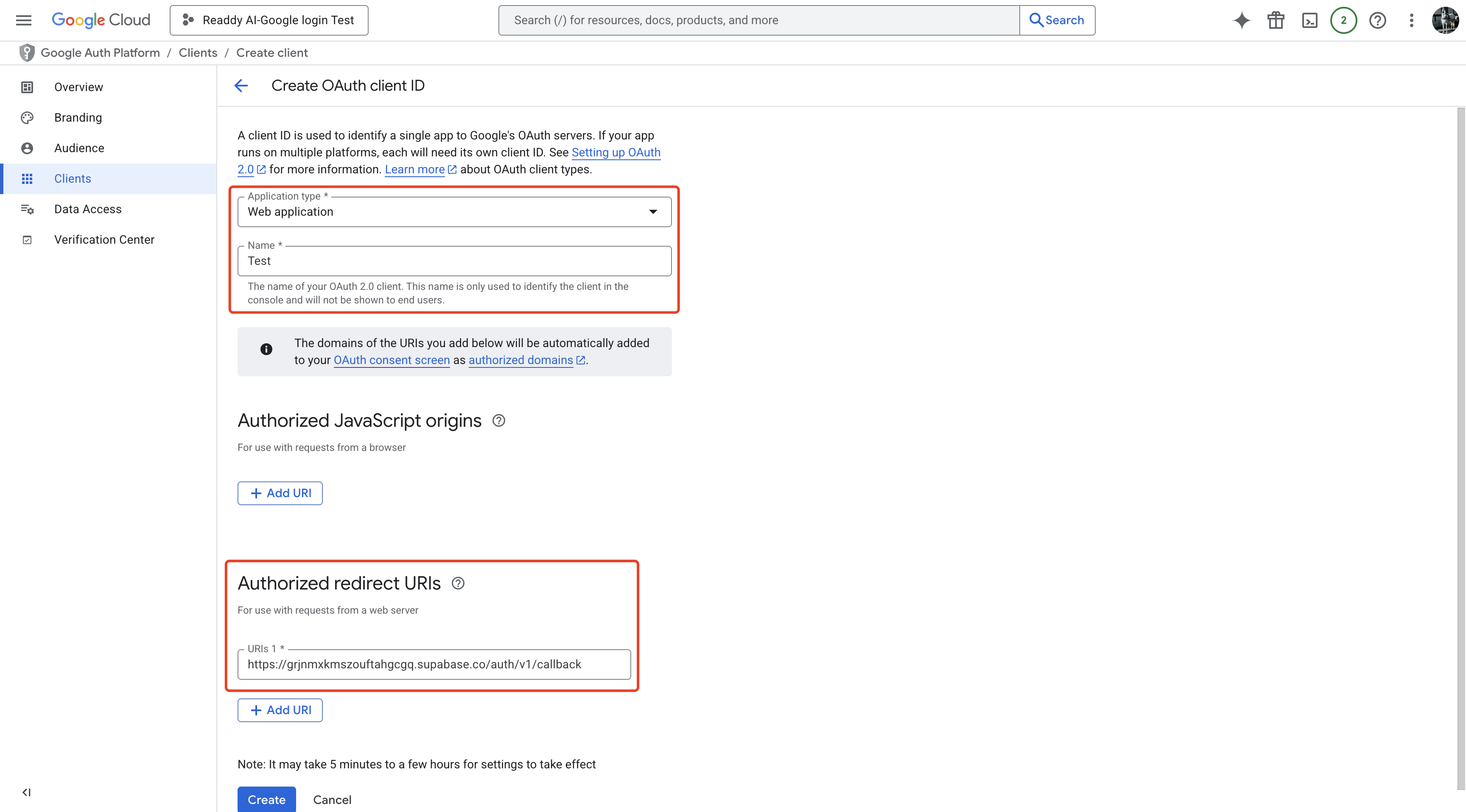 Google OAuth web client with a JavaScript origin and Readdy callback URL