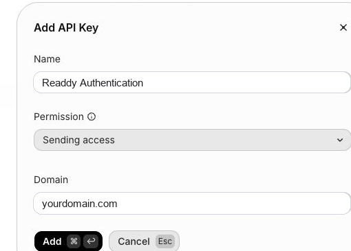 Resend API key configured with sending access for one domain