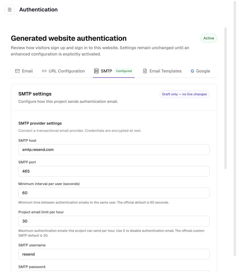 Custom SMTP provider settings in Readdy