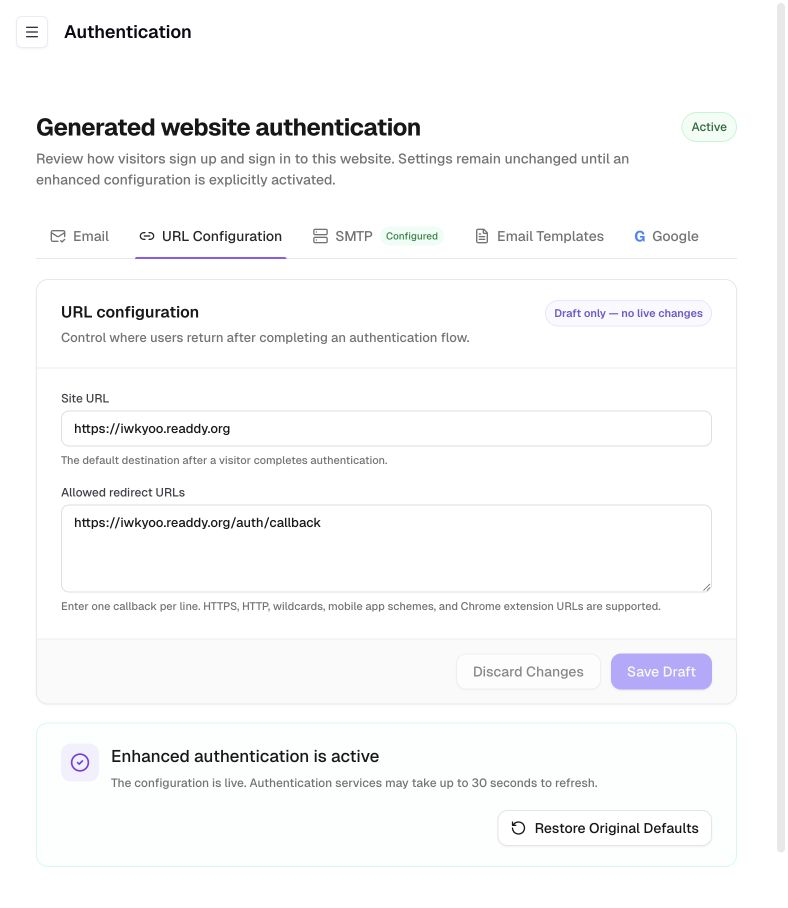 Authentication URL configuration with a website URL and allowed return URLs