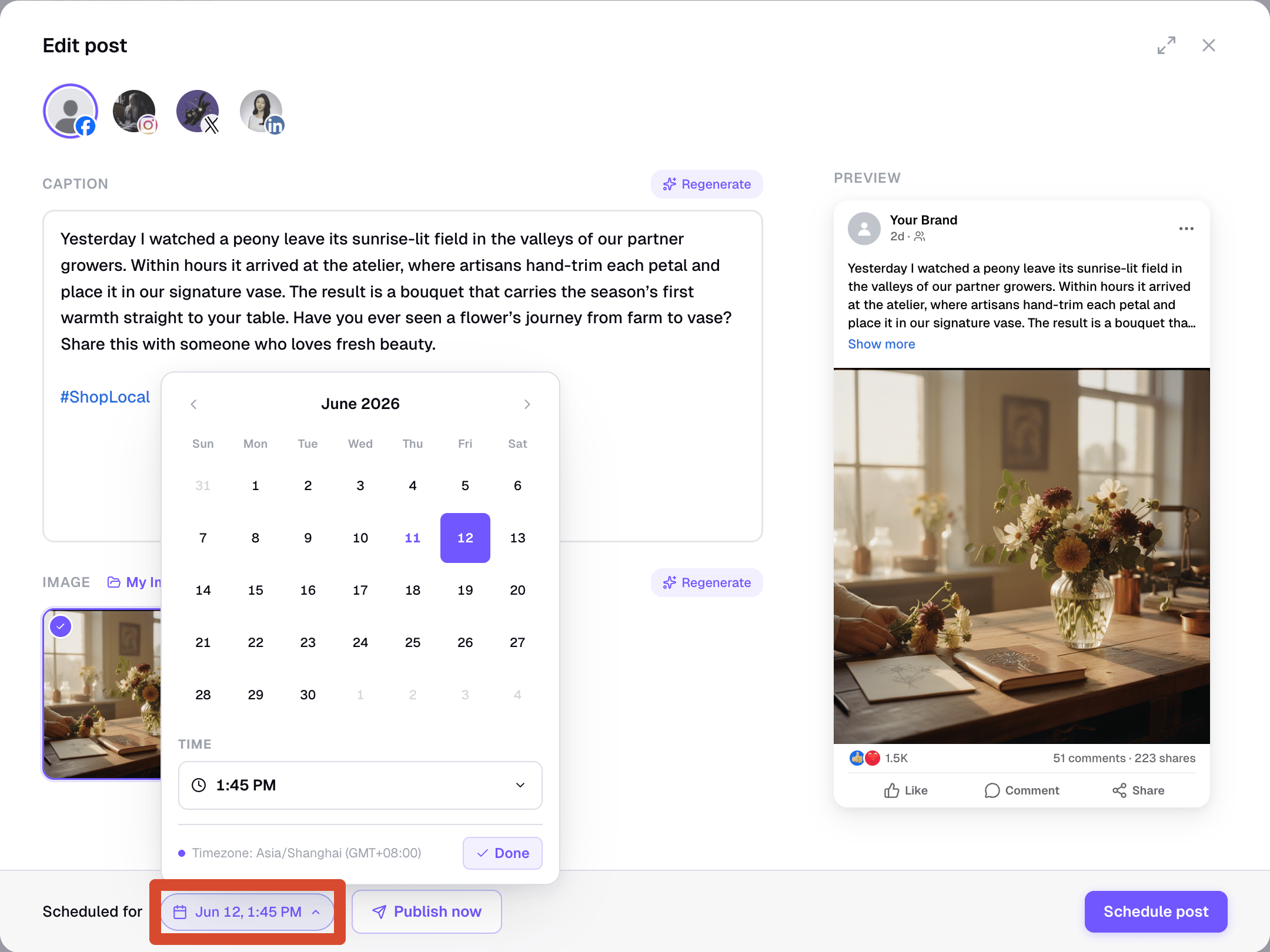 AI Social Posts schedule picker