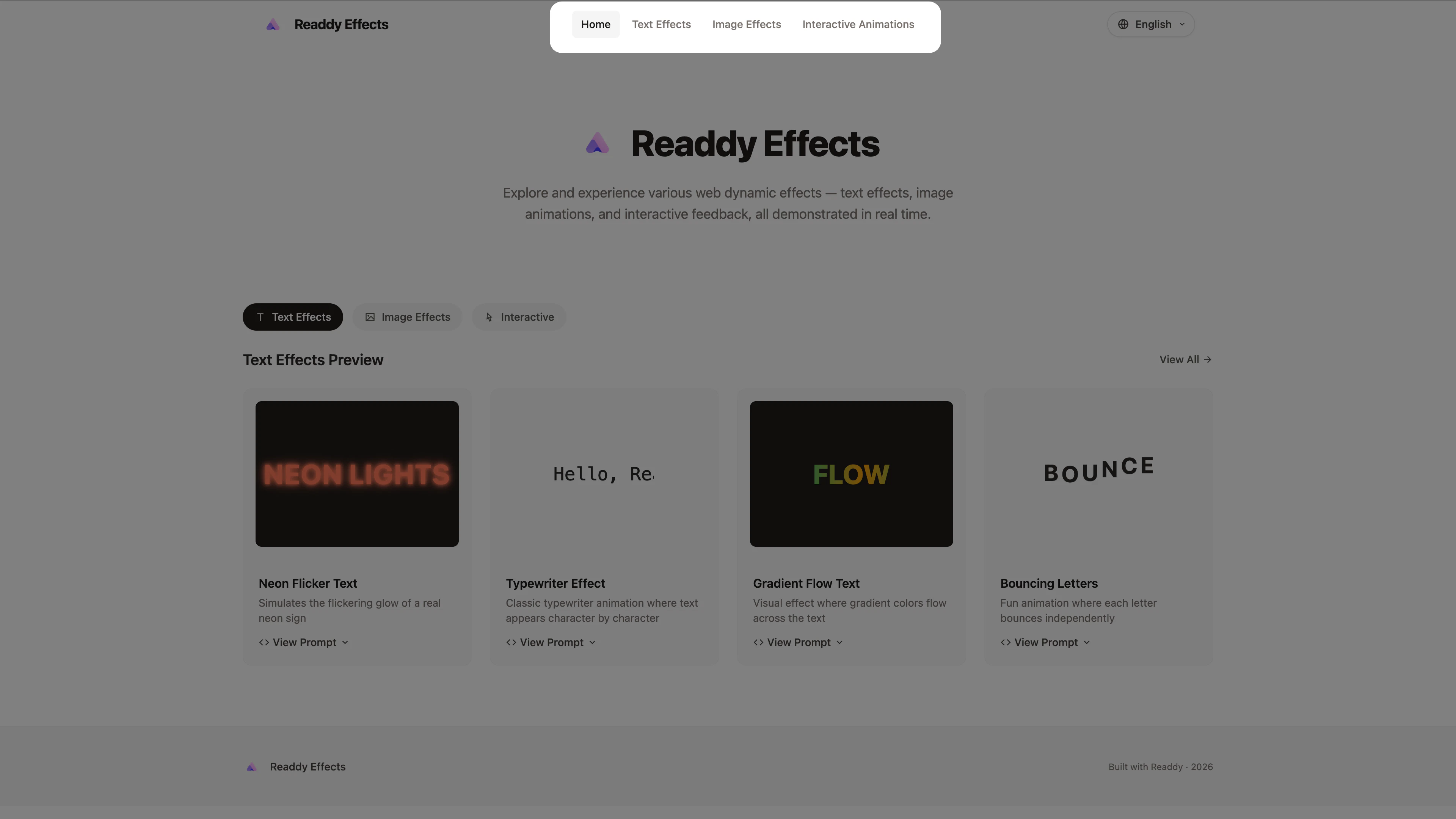 Readdy Effects category tabs showing Text Effects, Image Effects, and Interactive Animations