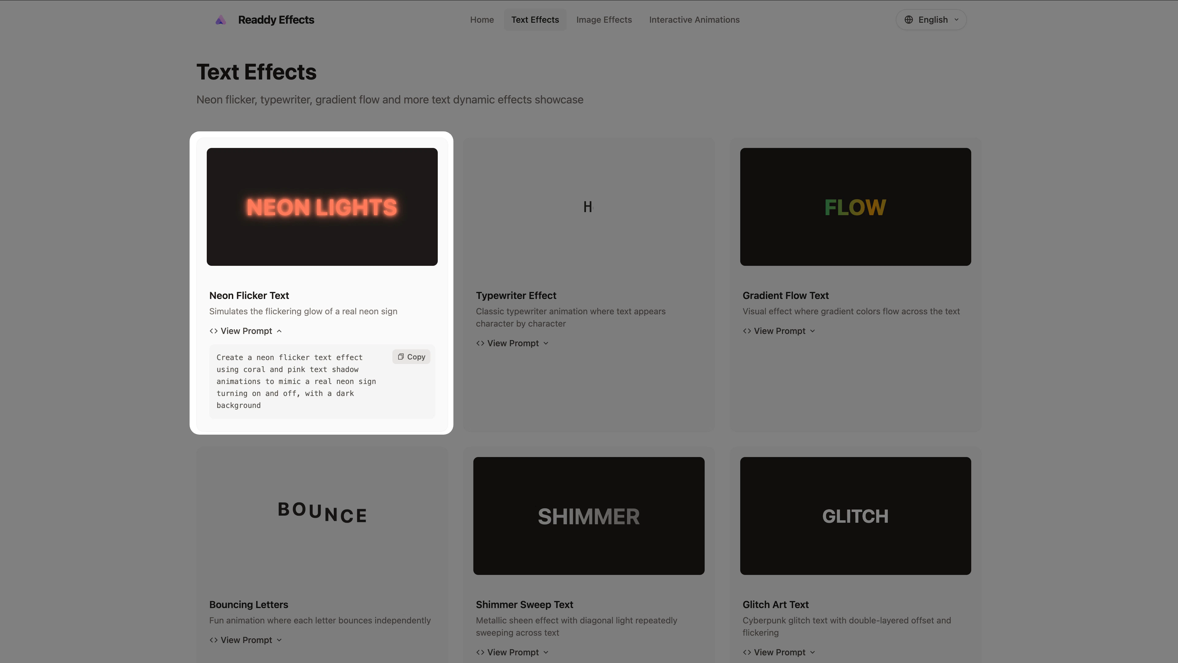 An effect card in Readdy Effects with View Prompt expanded