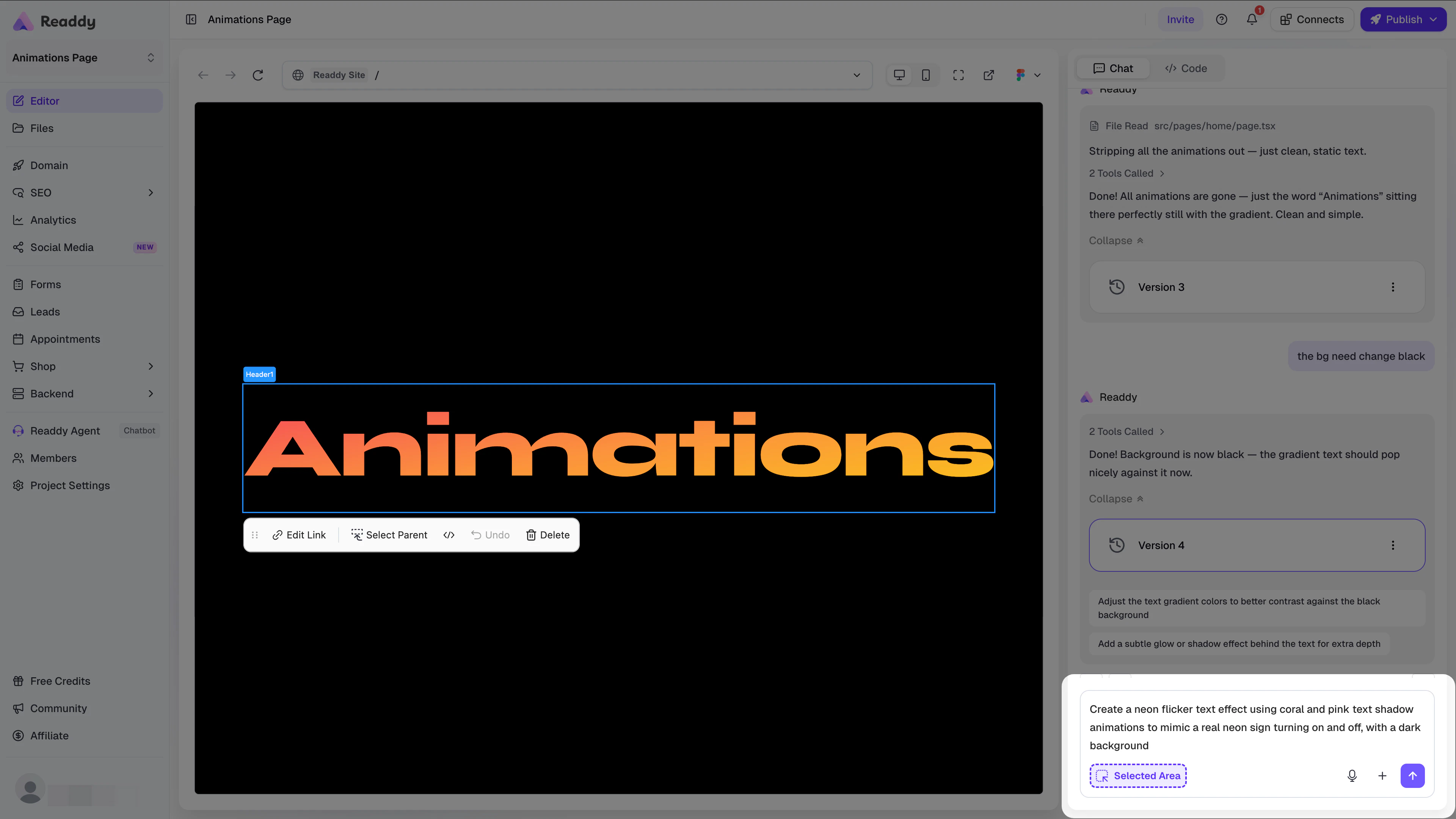 The Readdy editor with Selector enabled and the target element highlighted
