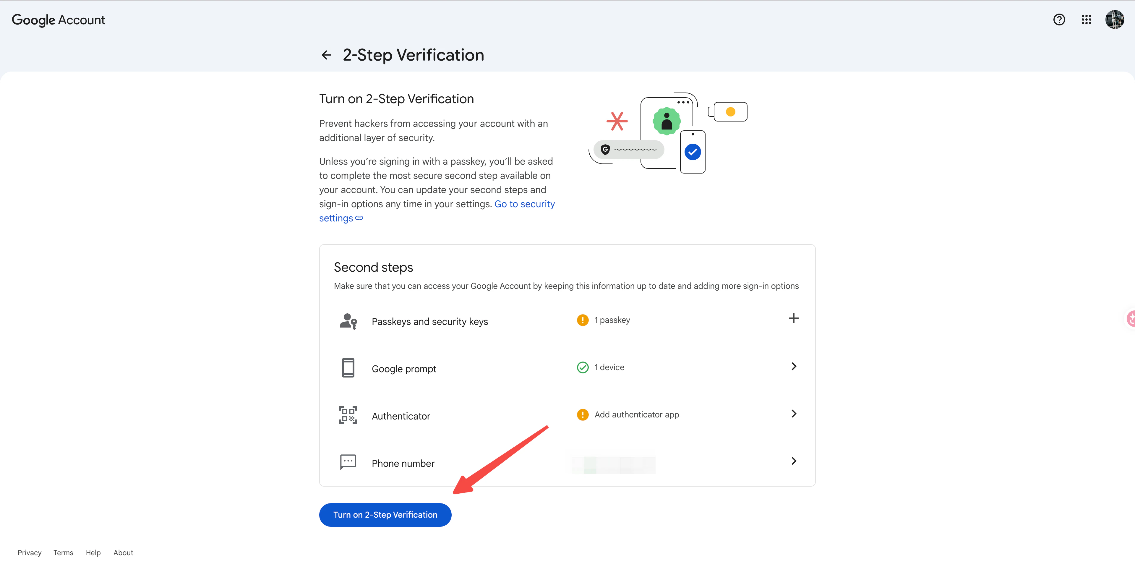 Google 2-Step Verification settings