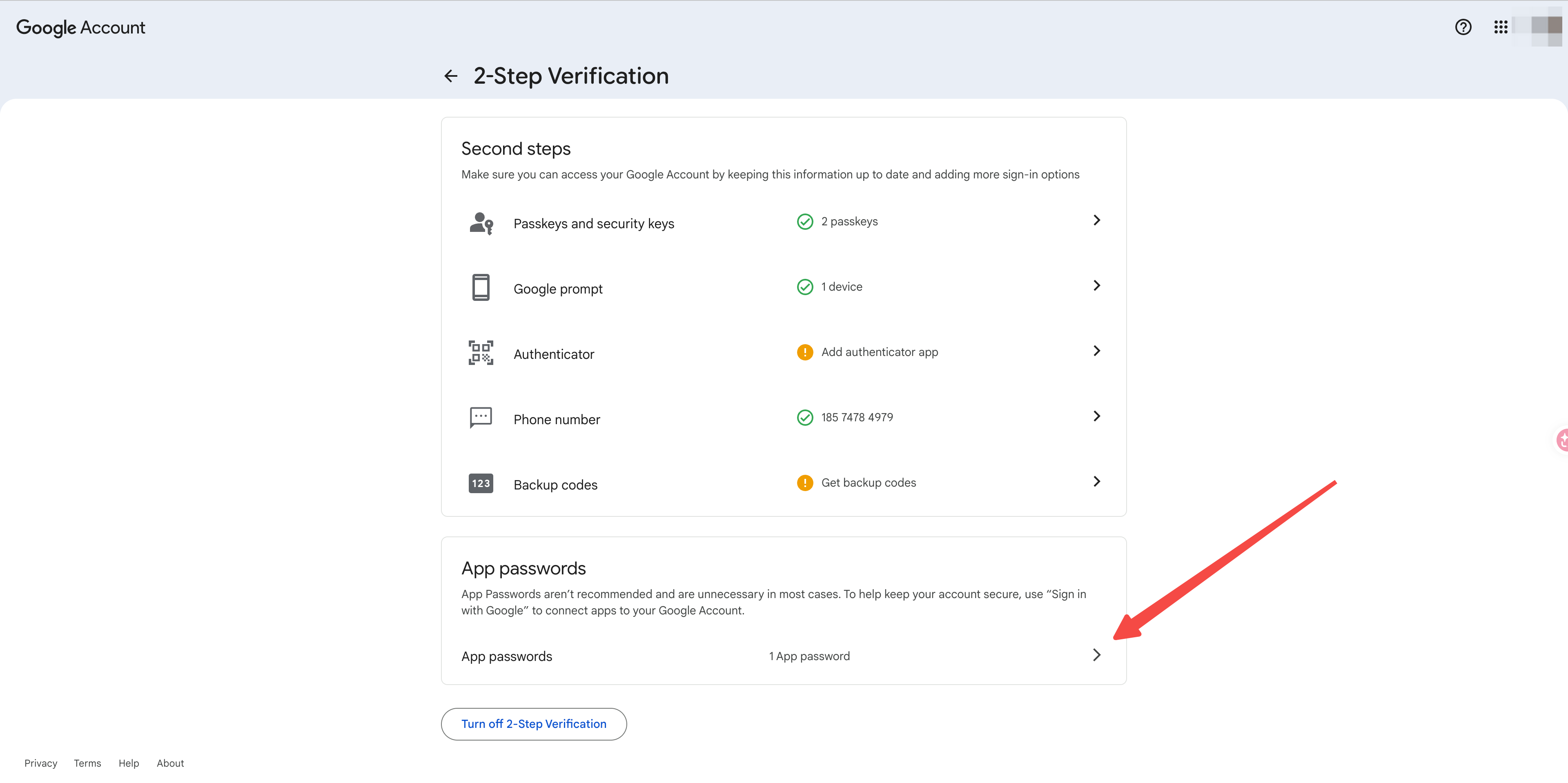 Google App Passwords page