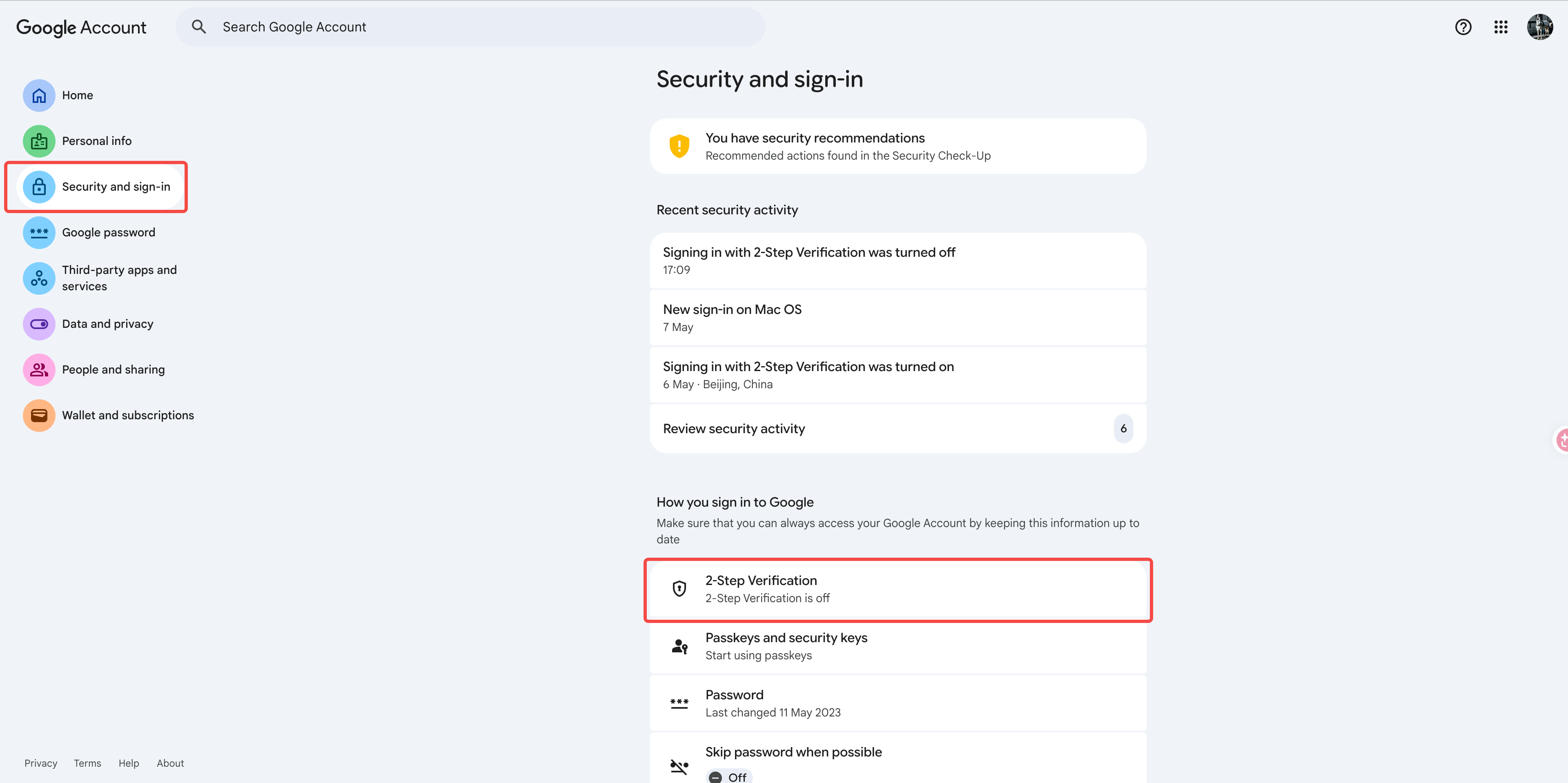 Google Account Security page