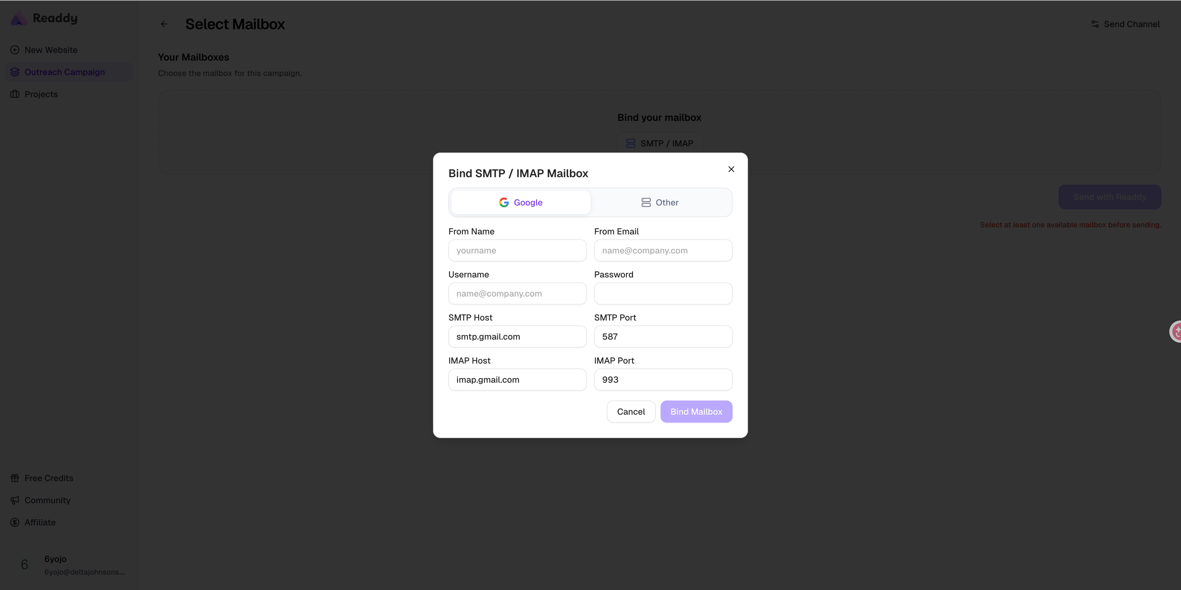 Bind mailbox dialog with Google and Other SMTP options