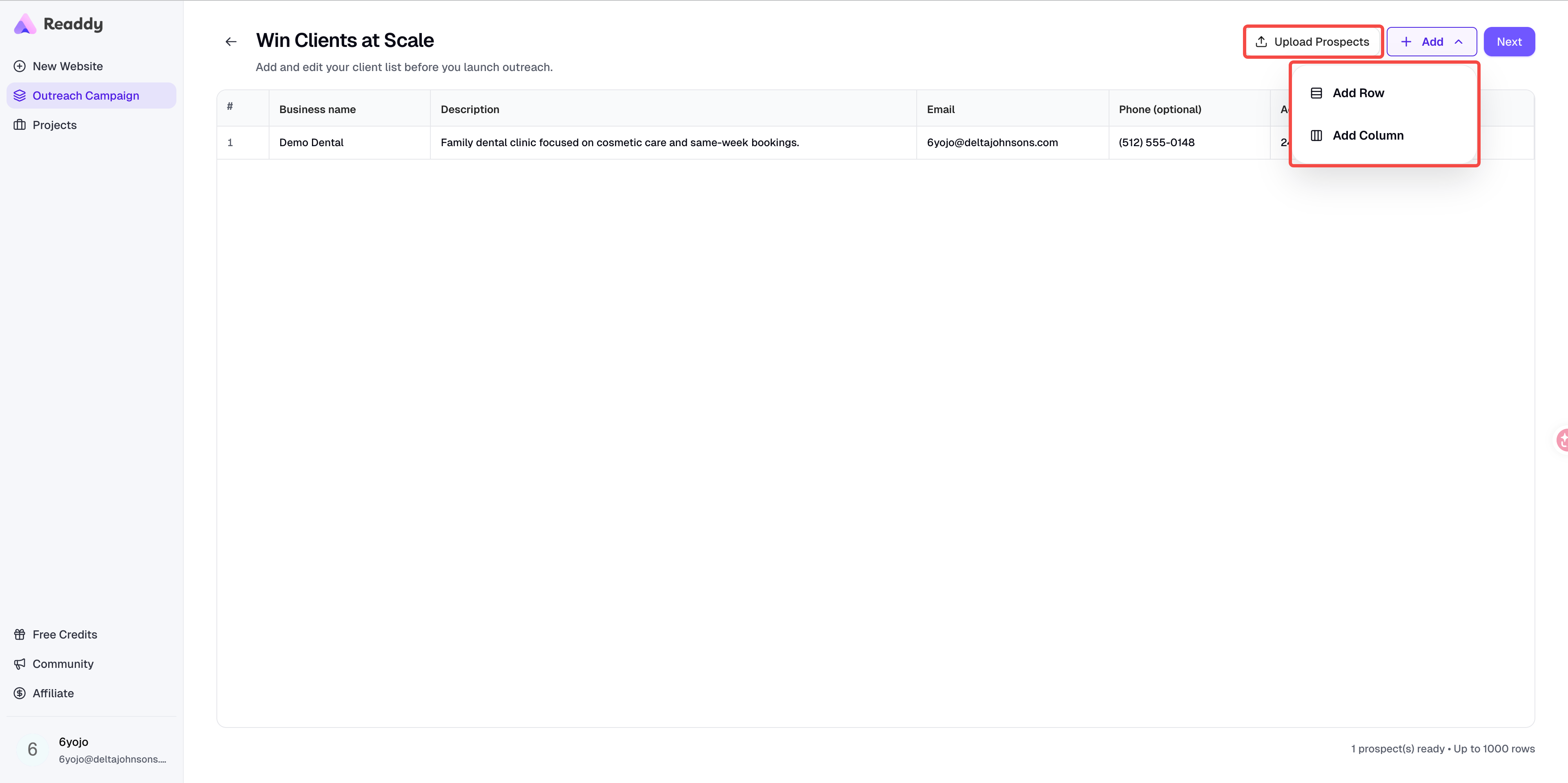 Outreach Campaign data preview page with Upload Prospects and Add controls