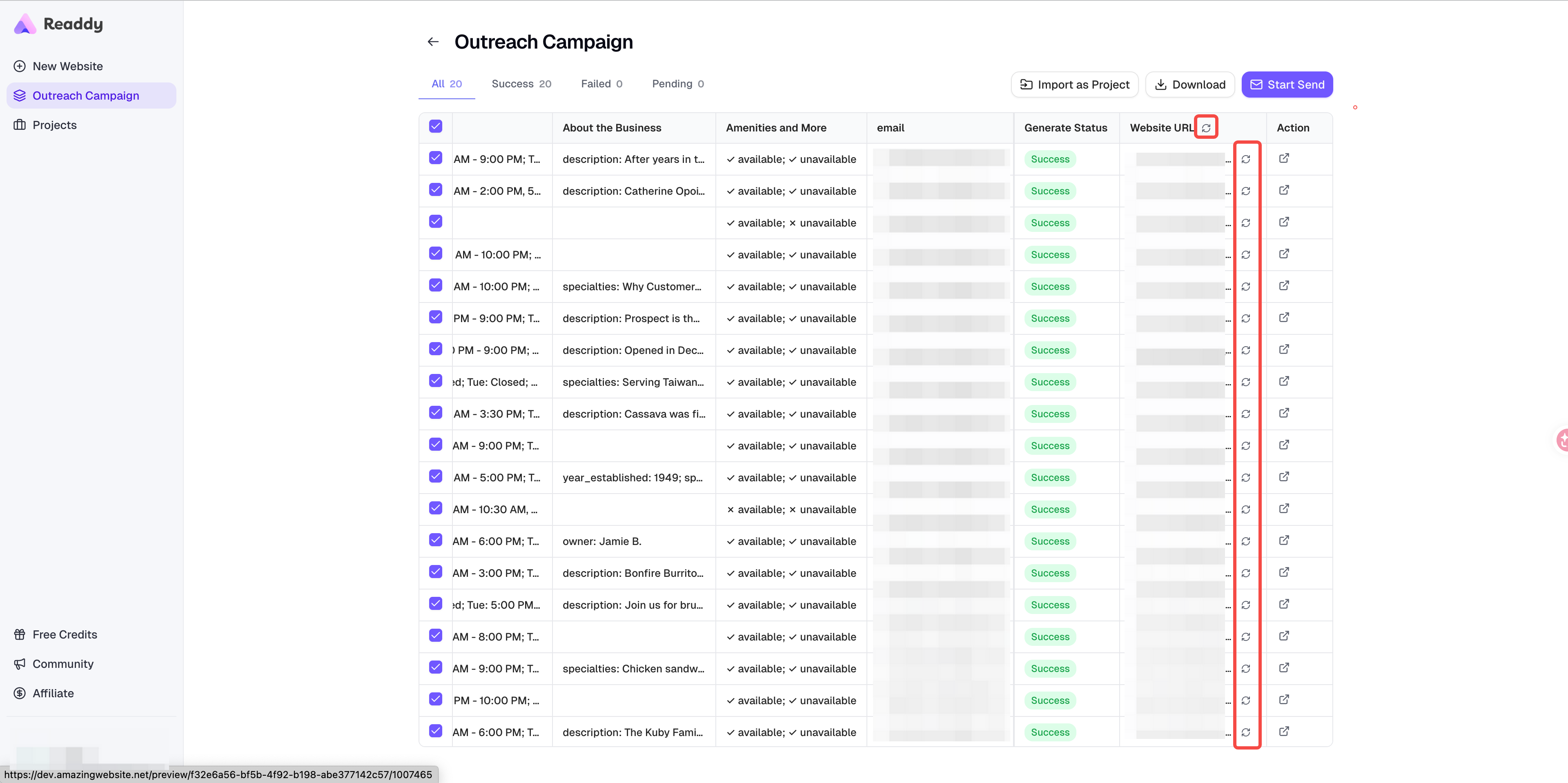 Outreach Campaign results table with Website URL refresh buttons highlighted