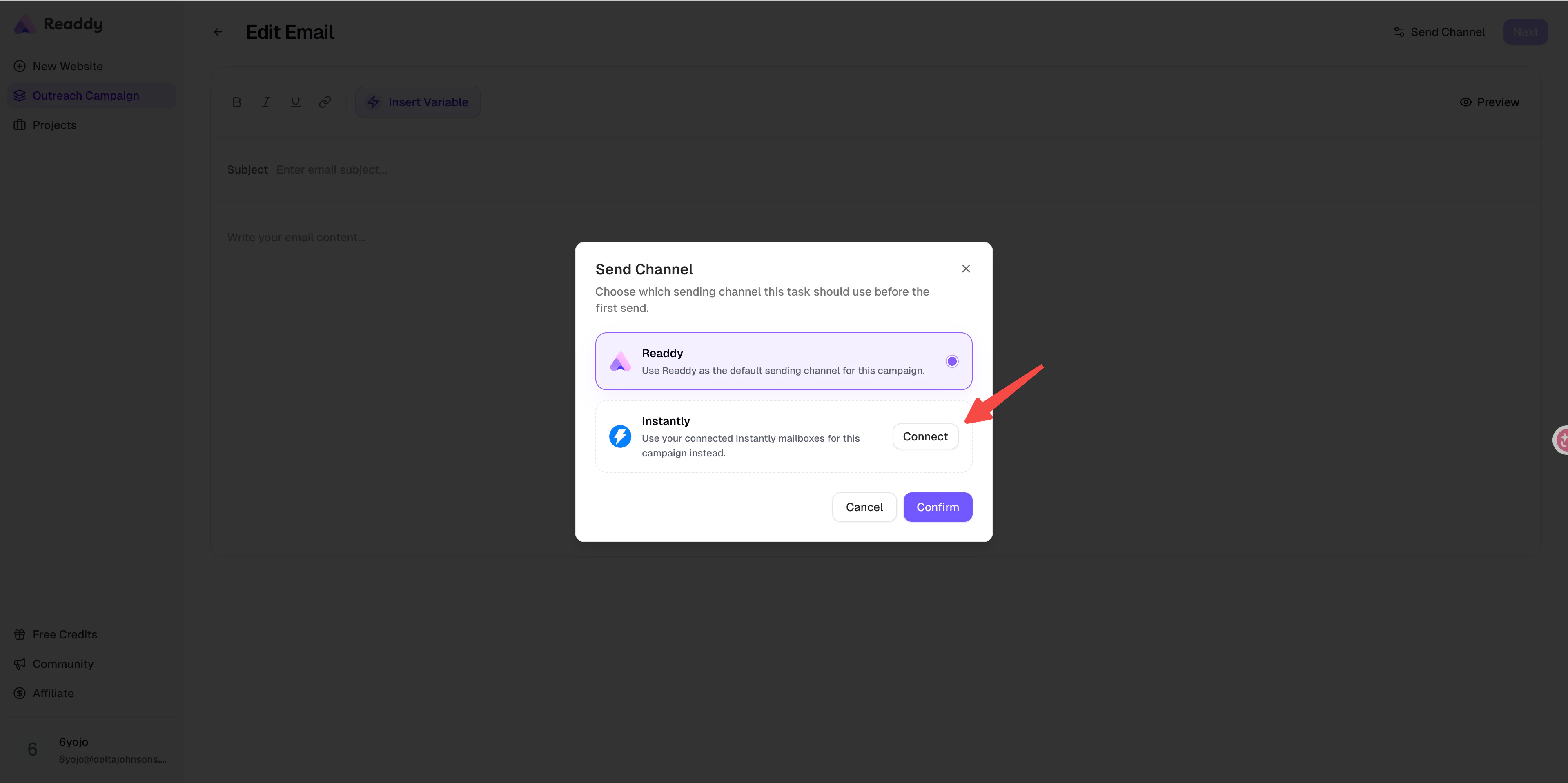 Send Channel popup with Instantly connect option