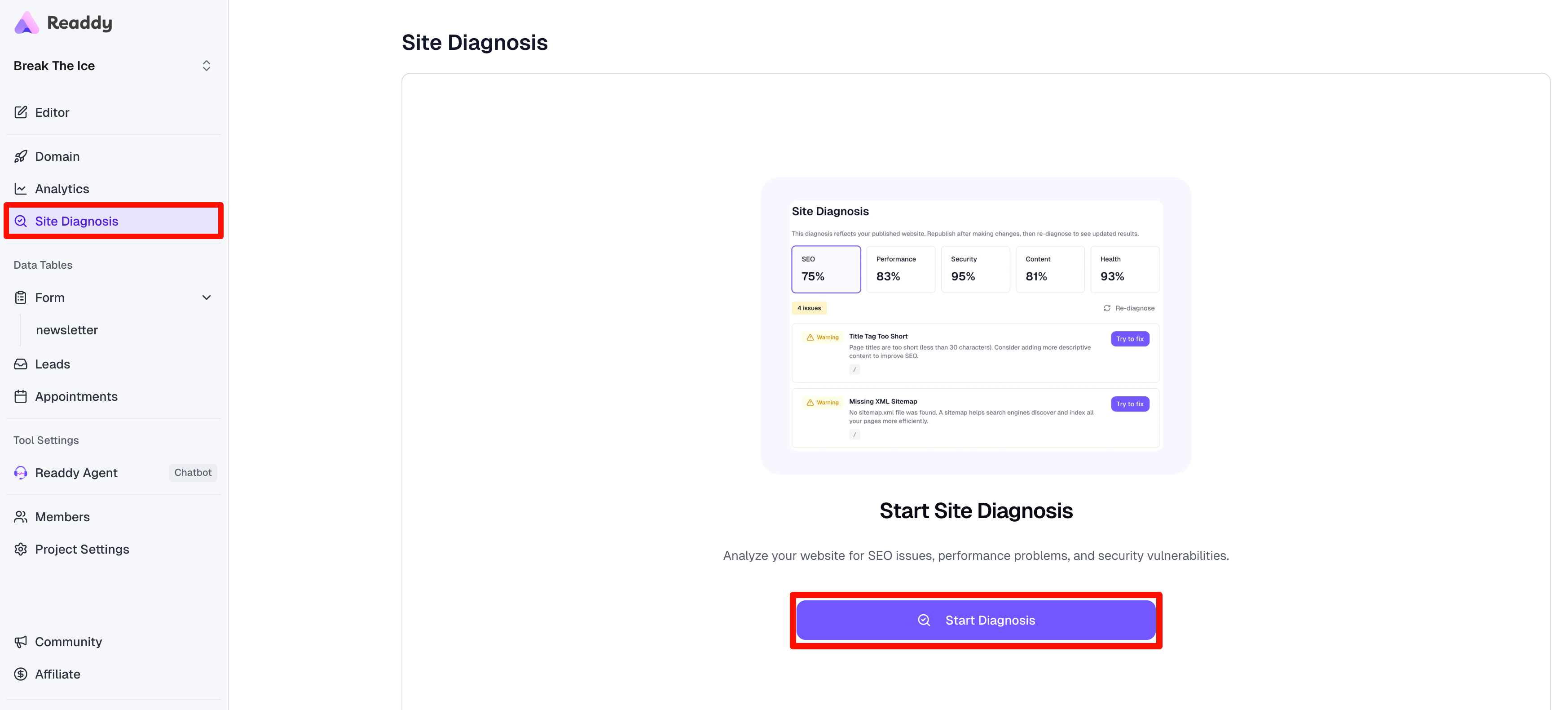 Site Diagnosis navigation entry