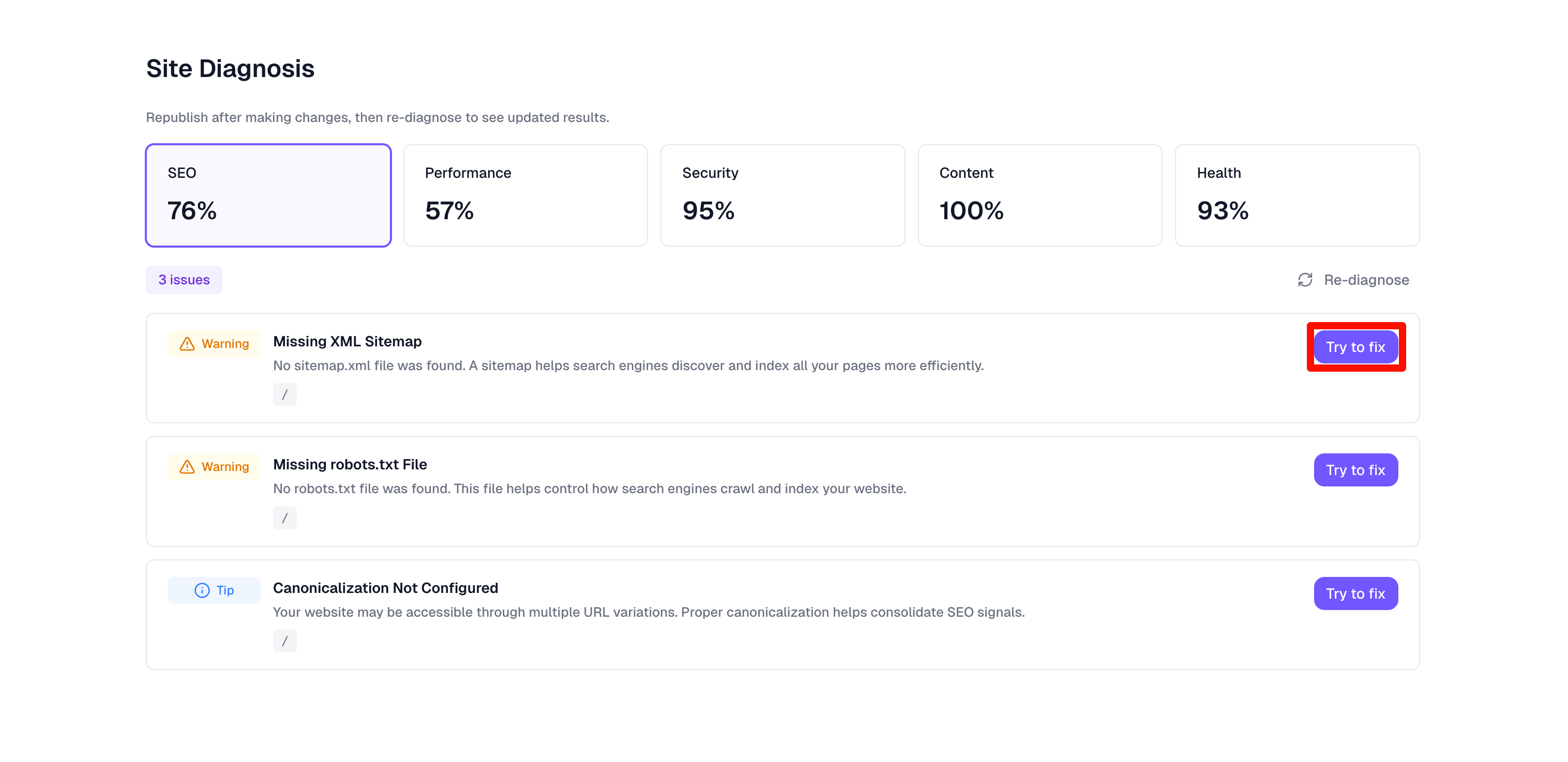 Site diagnosis results dashboard
