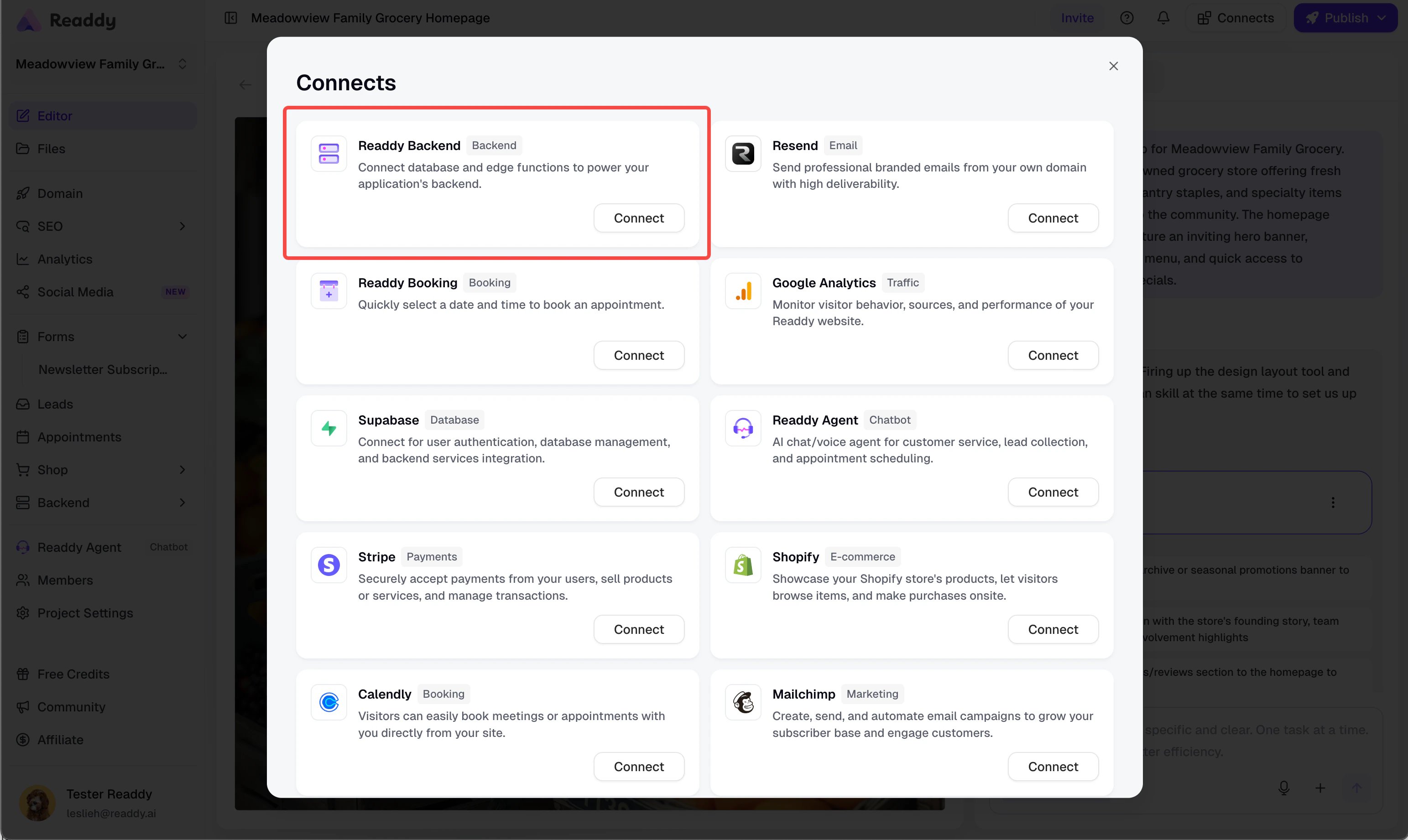 Find Readdy Backend in the Connects panel