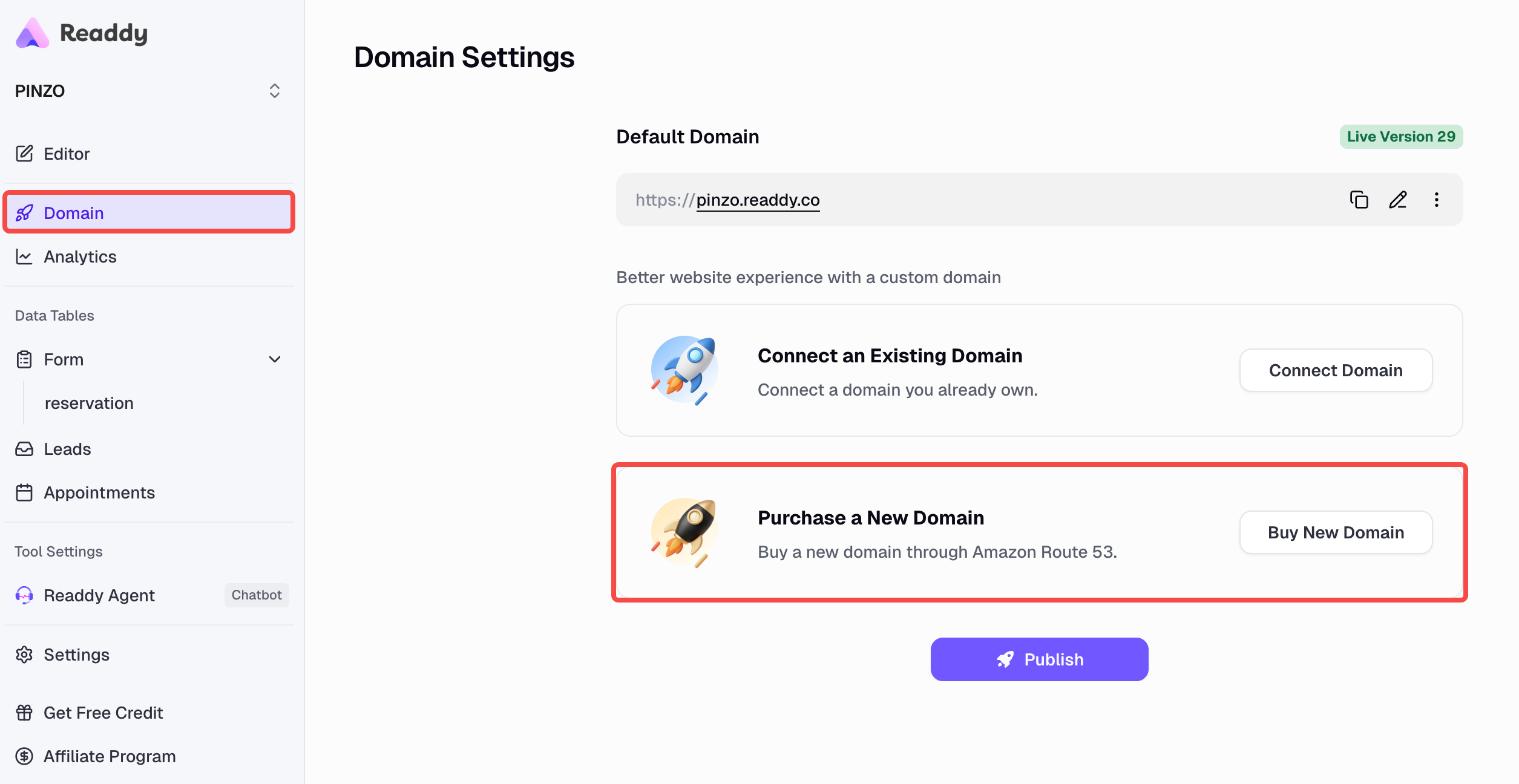 Purchase domain in Readdy