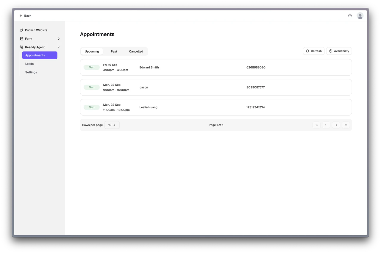 When visitors make appointments successfully, the page will list your upcoming appointments.