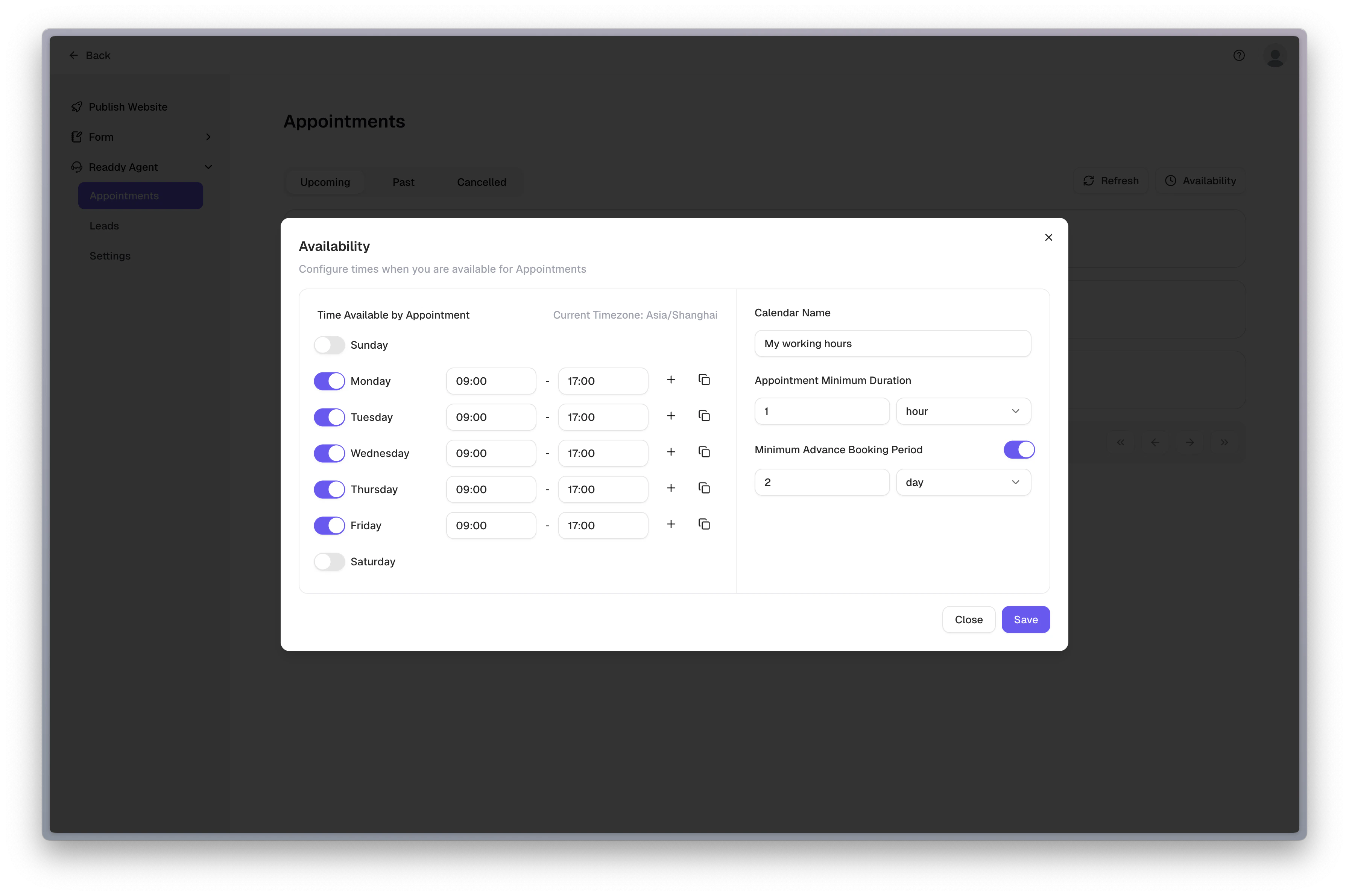 You can also setup availability in the modal dialog.