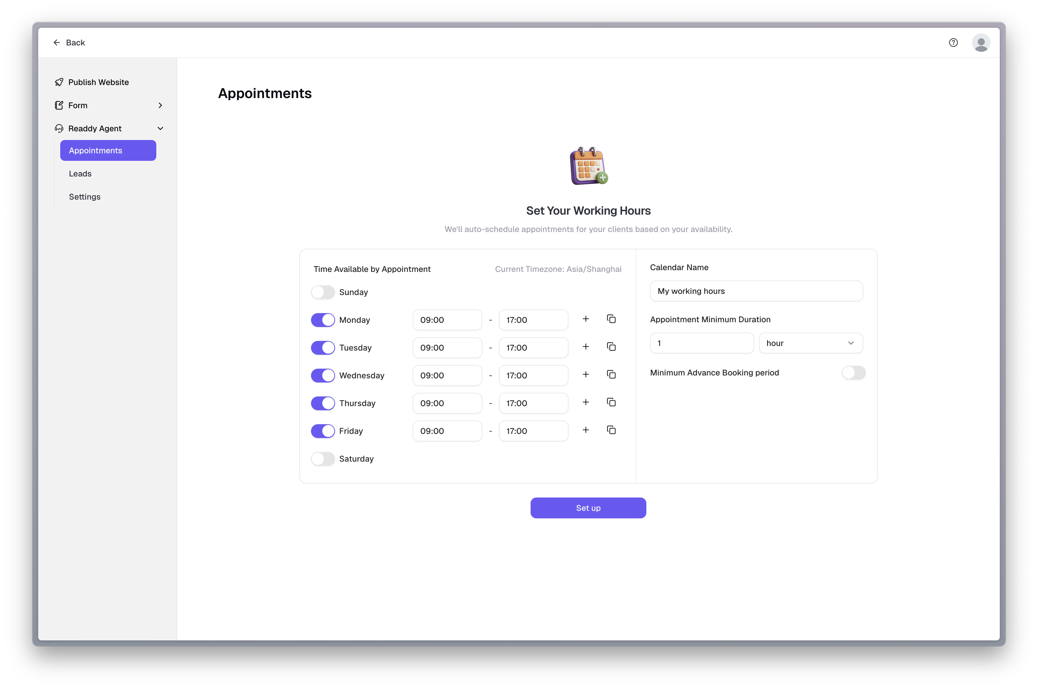 Initial state of appointment page - setup availability