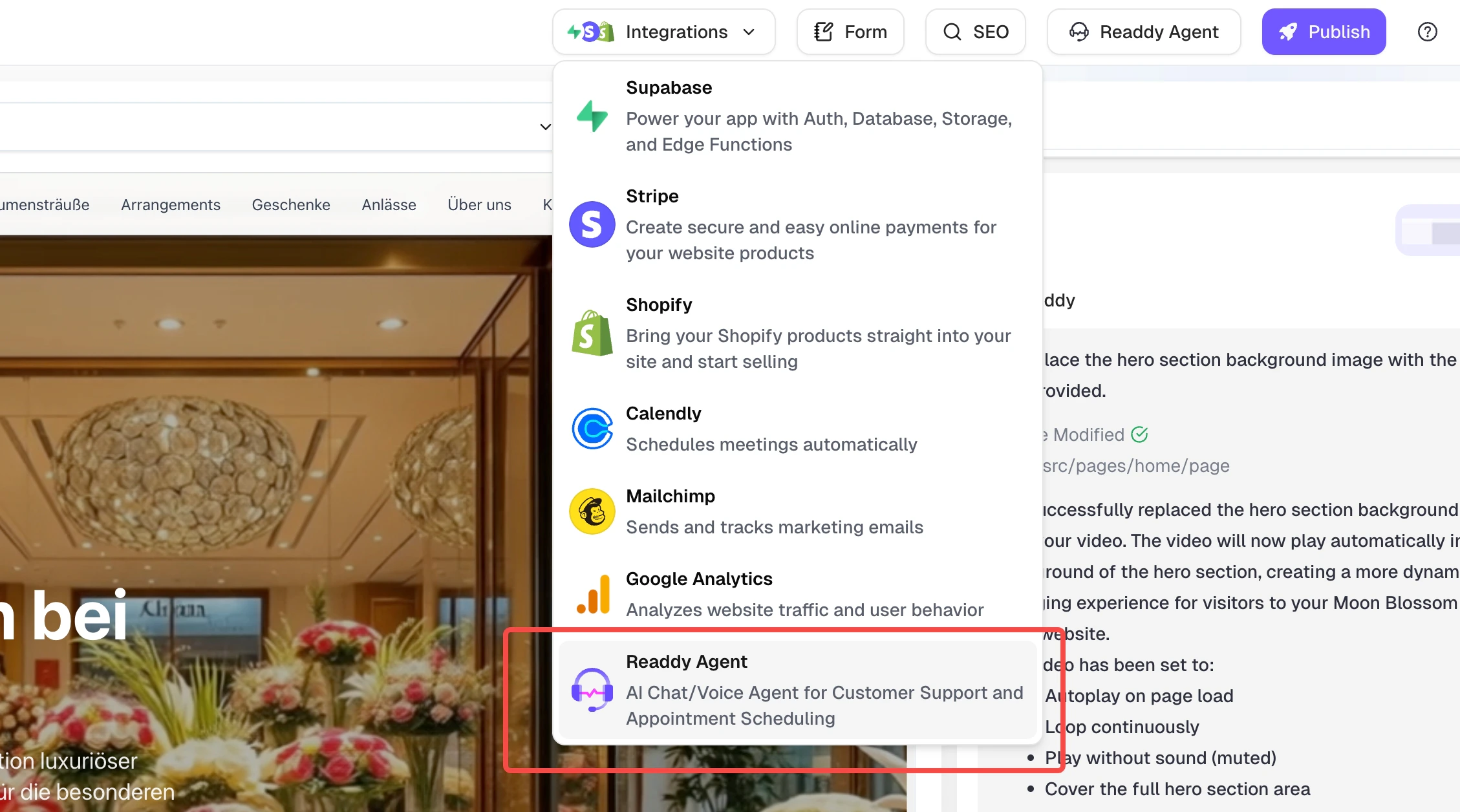 Click on the "Integration" from navigation bar and select "Readdy Agent"