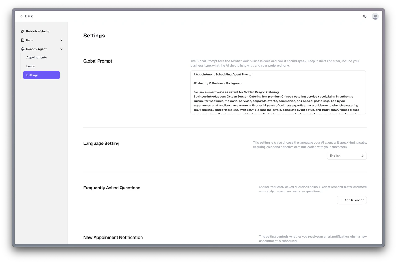 Readdy Agent Settings