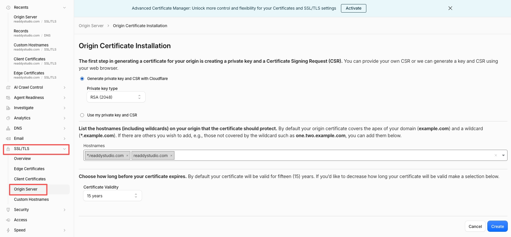 Cloudflare Origin CA certificate form with RSA 2048, root and wildcard hostnames, and 15-year validity selected