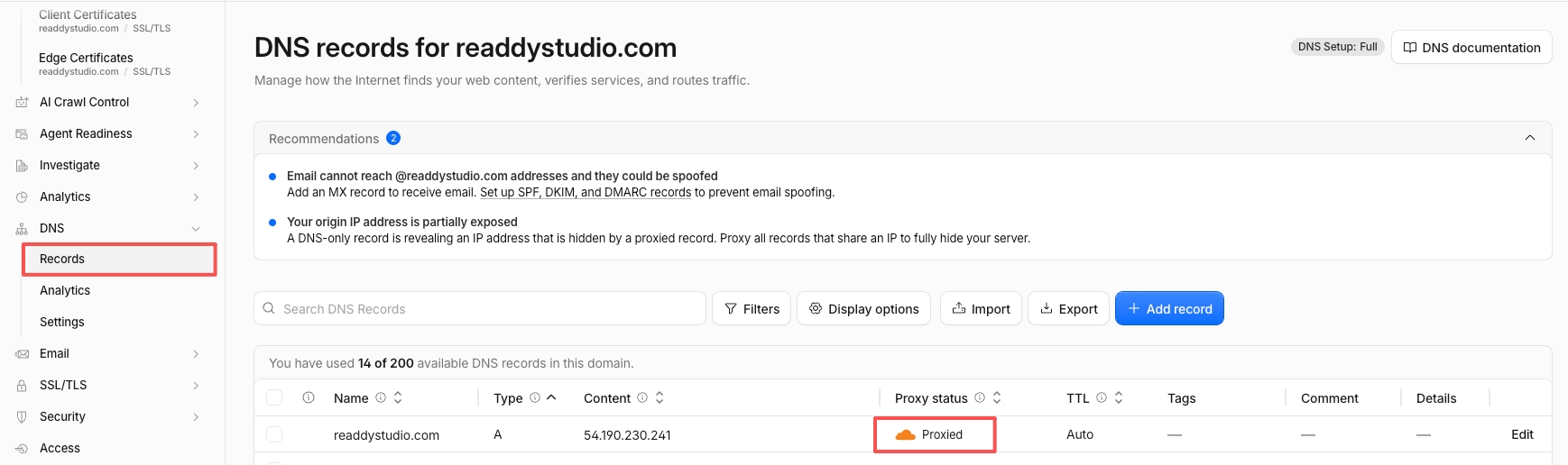 Cloudflare DNS records page with the Readdy domain set to Proxied