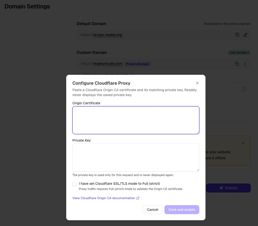 Readdy Configure Cloudflare Proxy dialog with certificate and private key fields