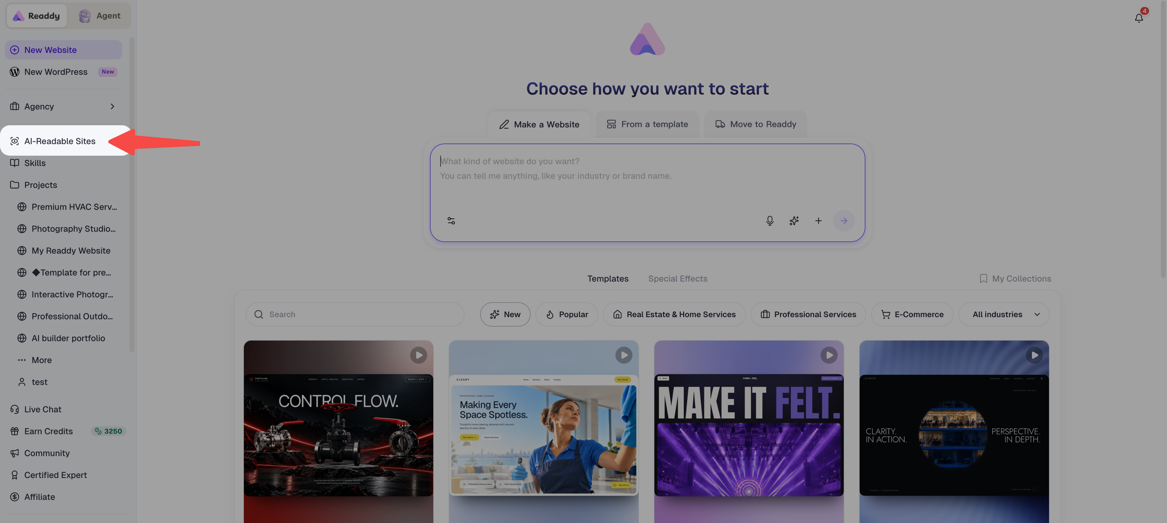 Readdy workspace with the AI-Readable Sites sidebar entry highlighted by a red arrow