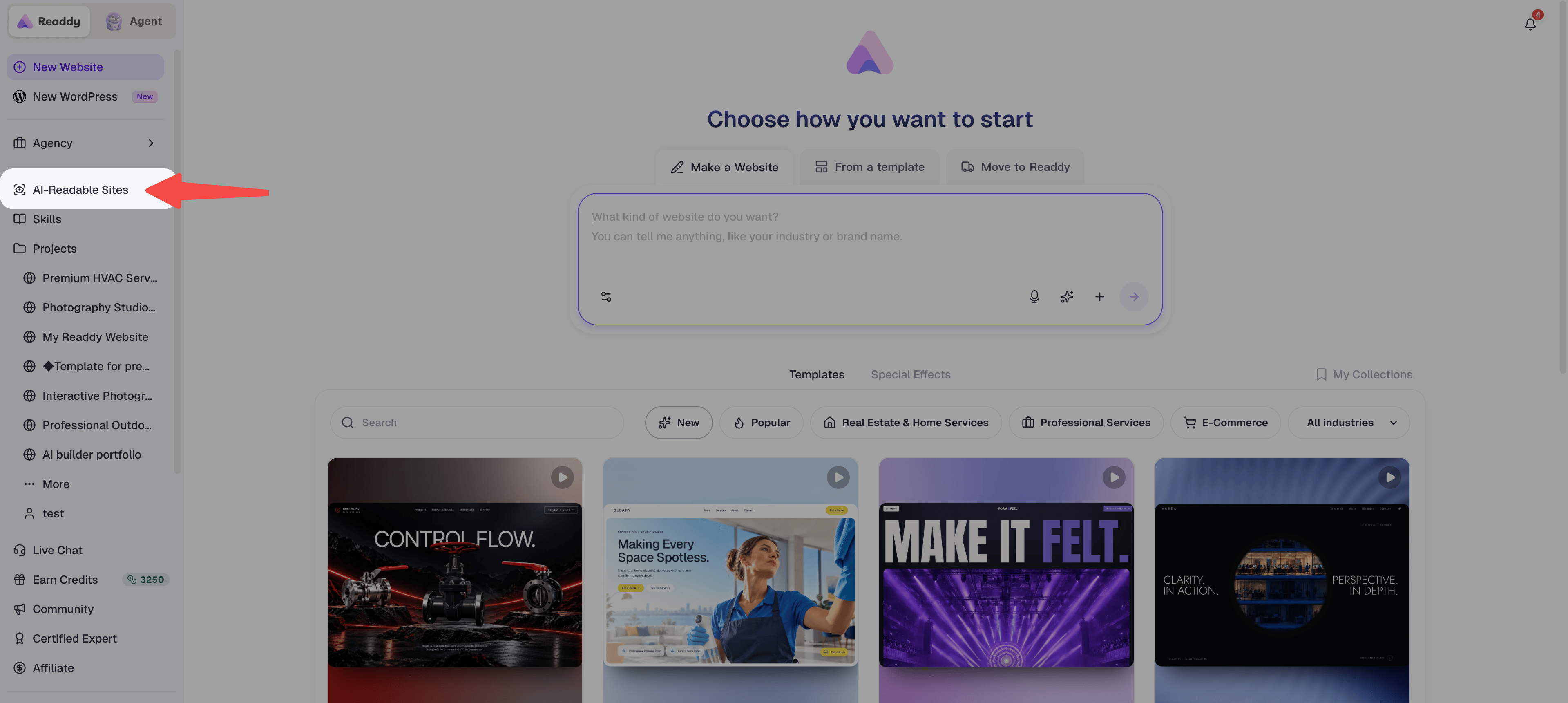 Readdy workspace with the AI-Readable Sites sidebar entry highlighted by a red arrow