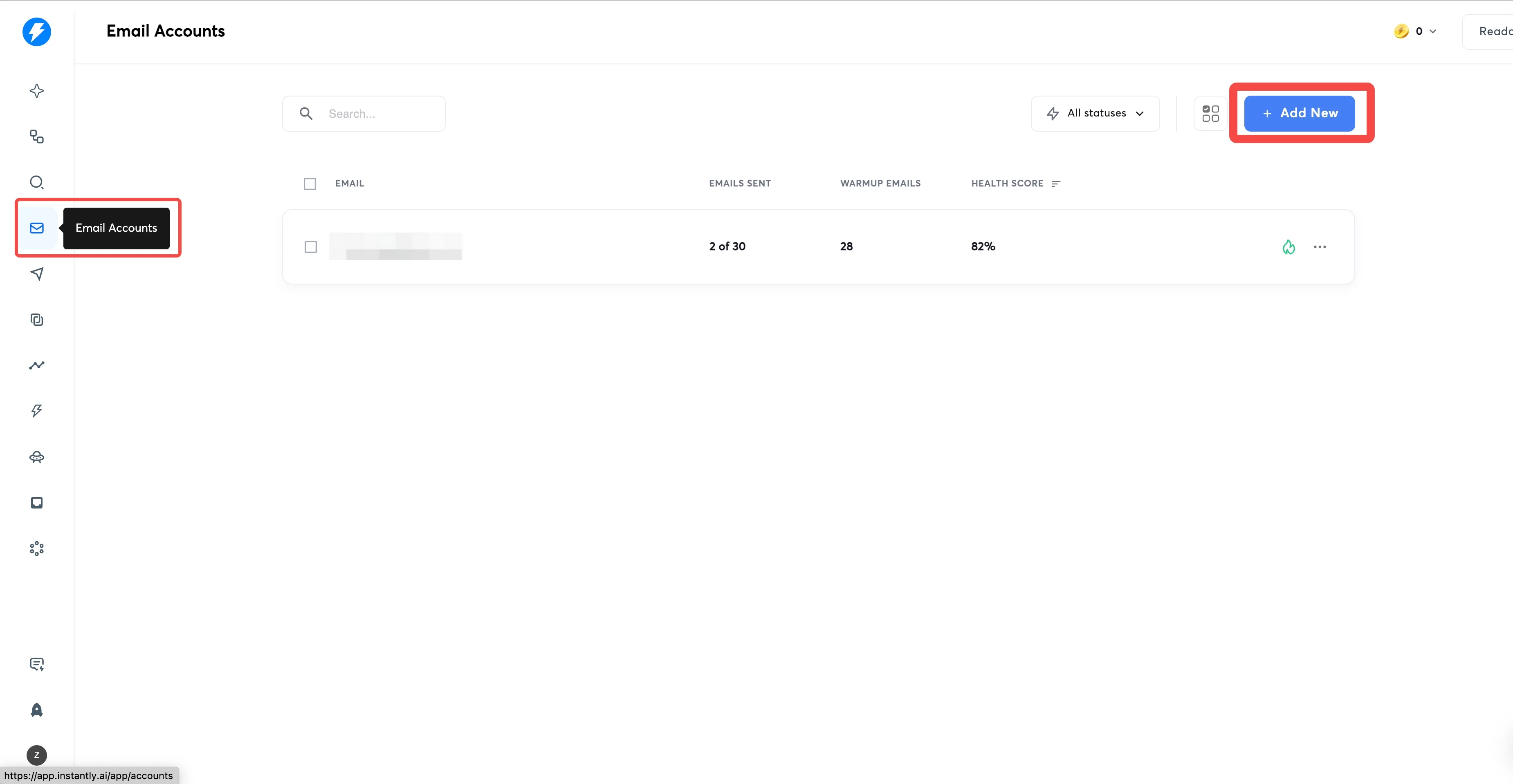Instantly Email Accounts page with Add New button