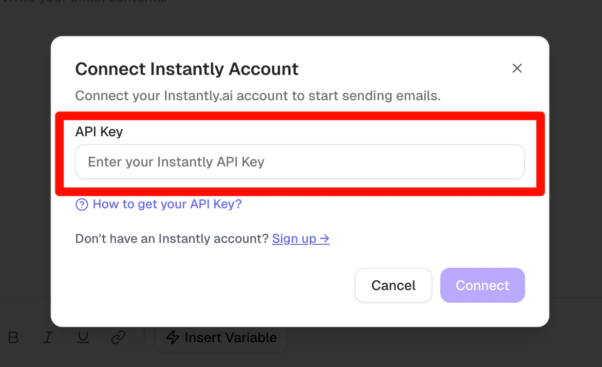 API Key input dialog for connecting Instantly