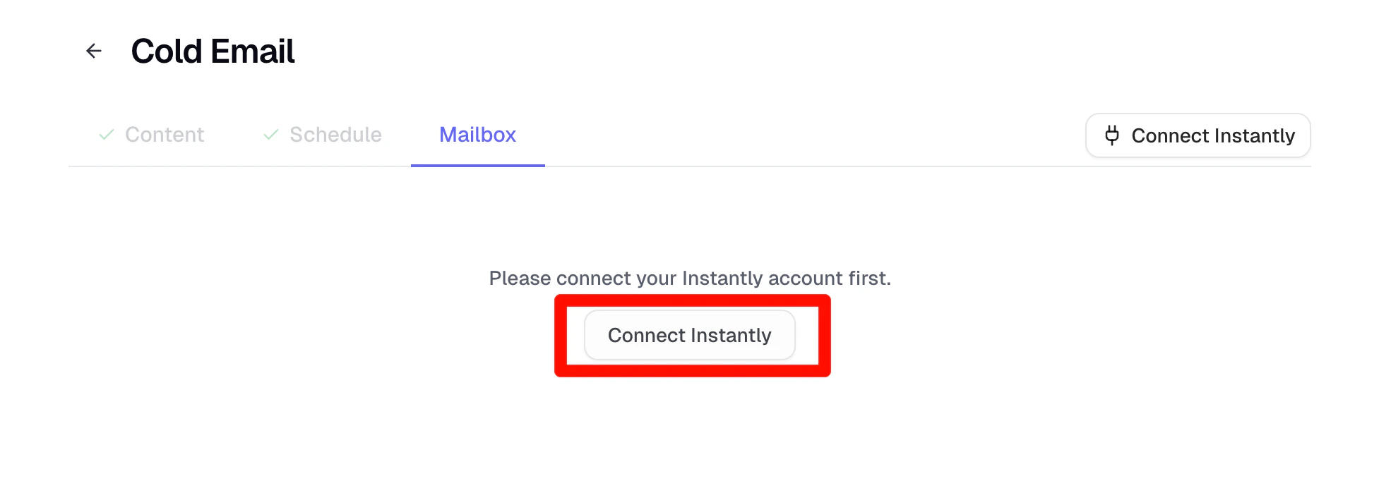 Cold Email page prompting to connect Instantly