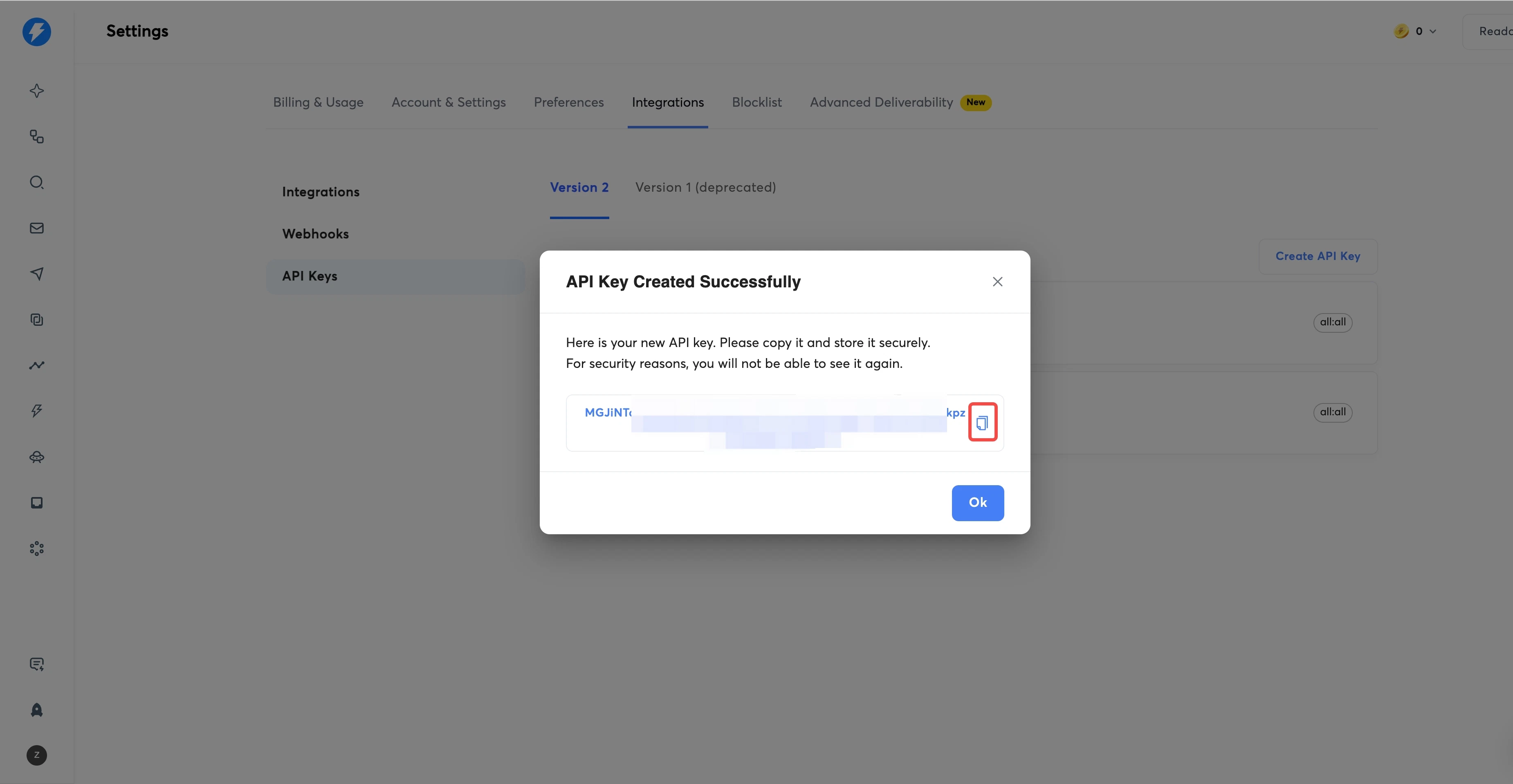 API Key created successfully - copy the key