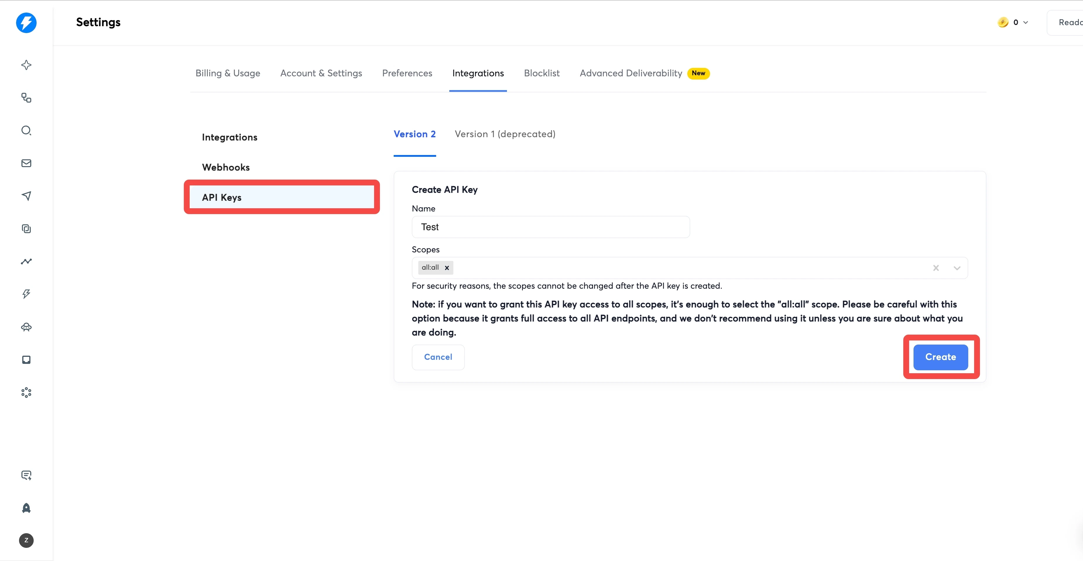 Create API Key page in Instantly Integrations
