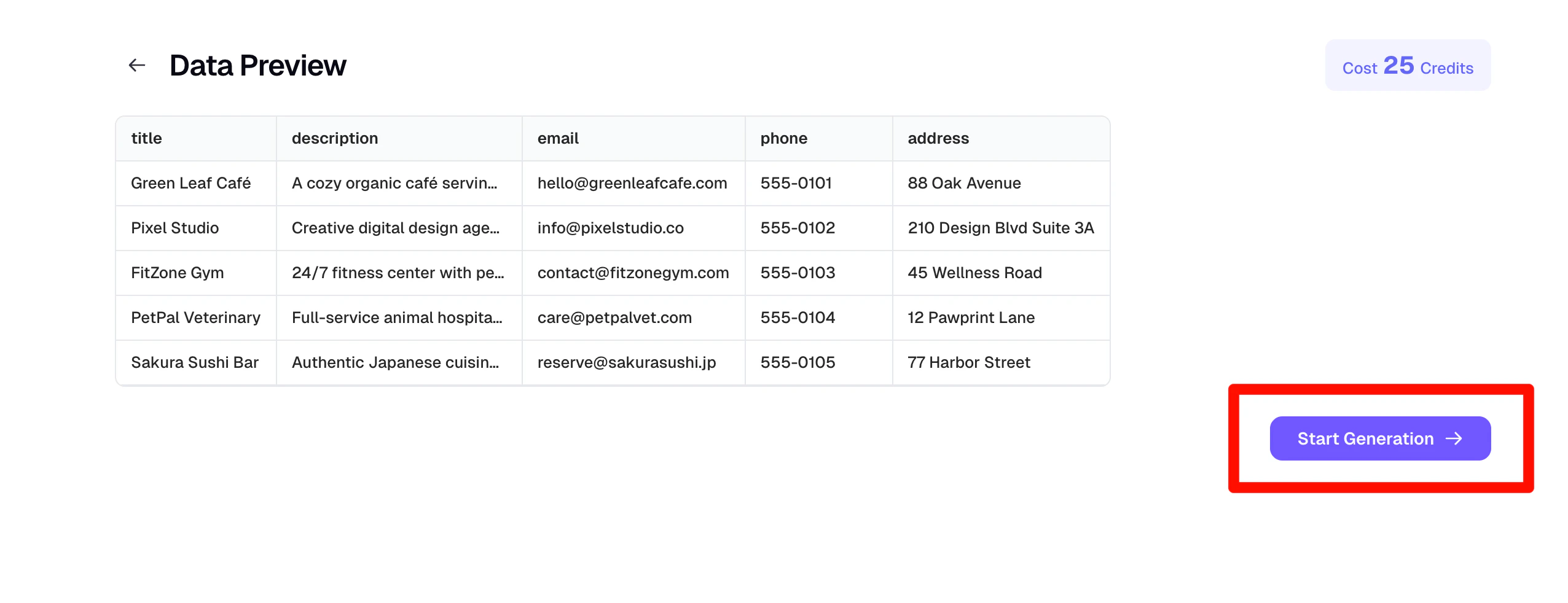 Data preview page with Start Generation button