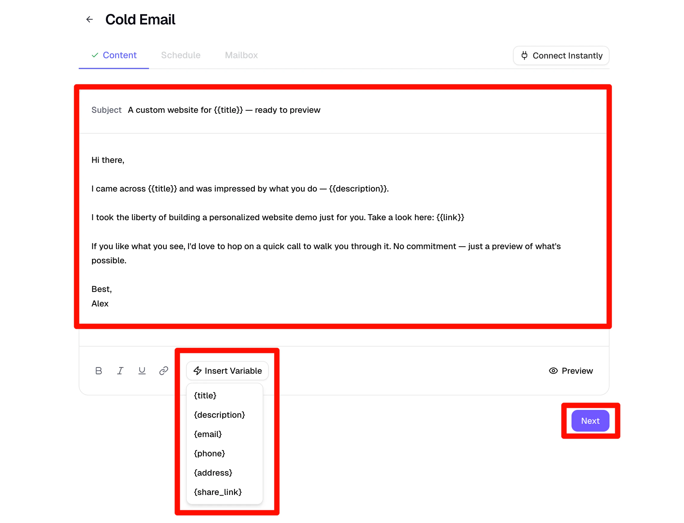 Email content editor with subject, body and variable insertion