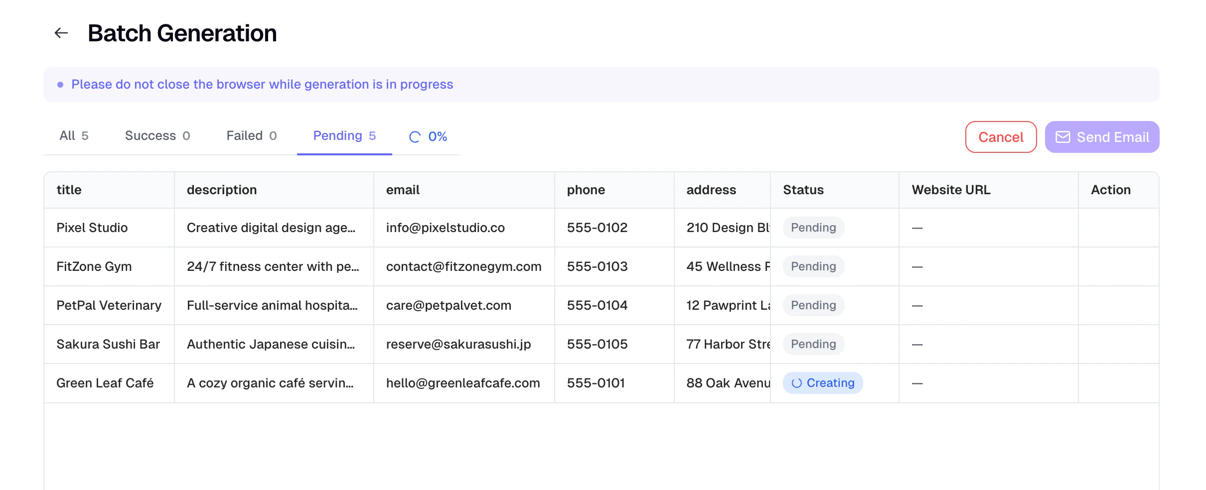 Generation progress page showing row statuses