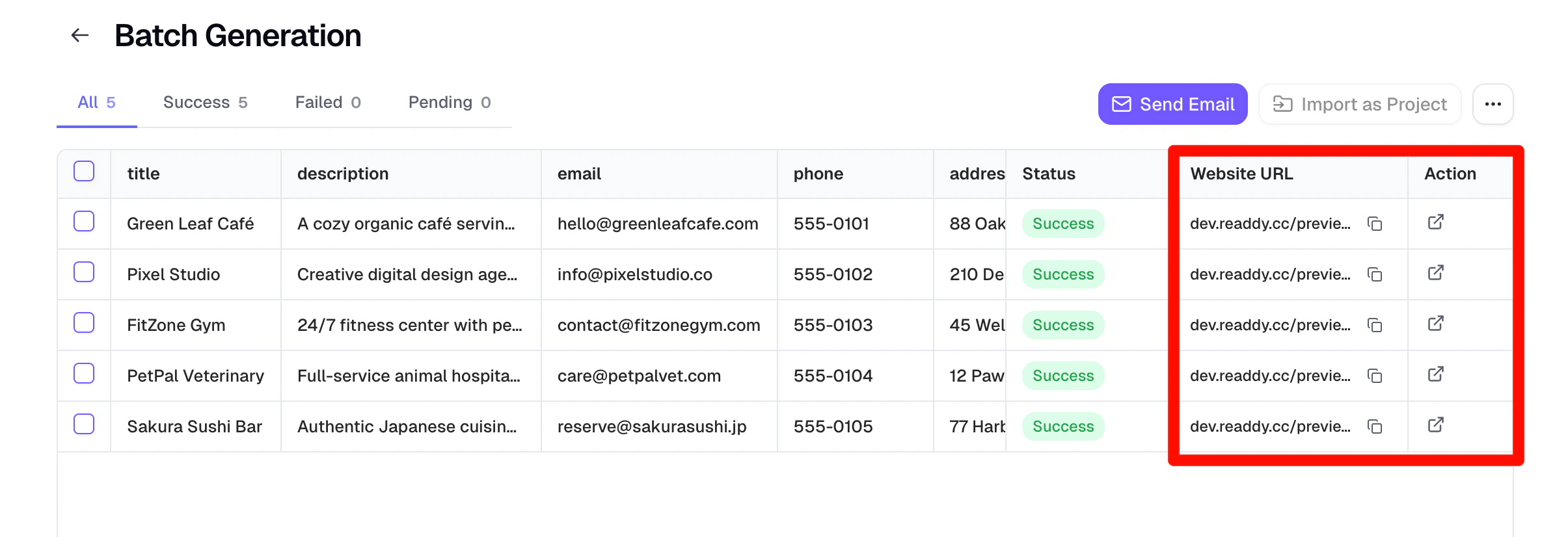 Generation results page with action buttons