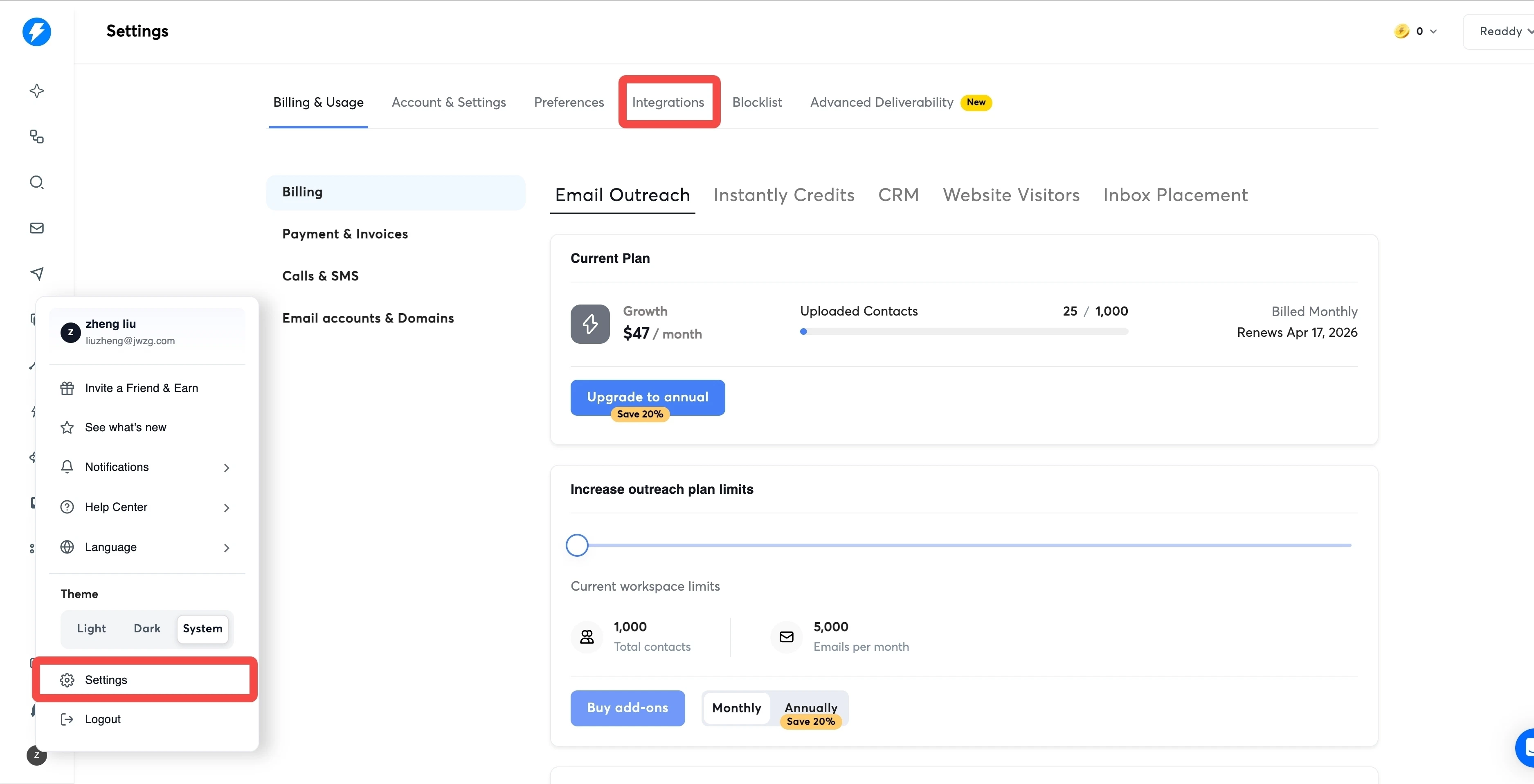 Instantly dashboard - Settings > Integrations > API Key location