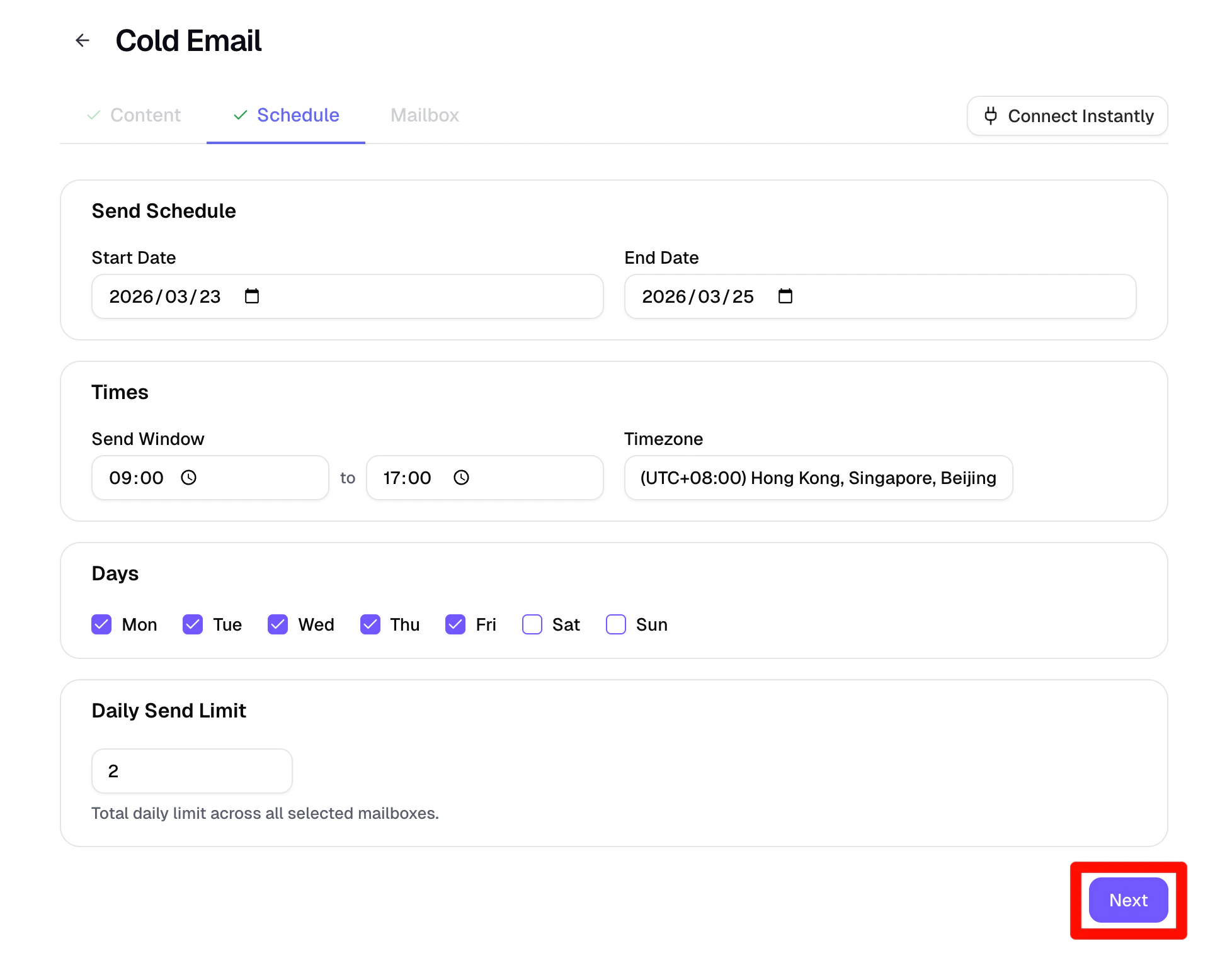 Email sending schedule settings