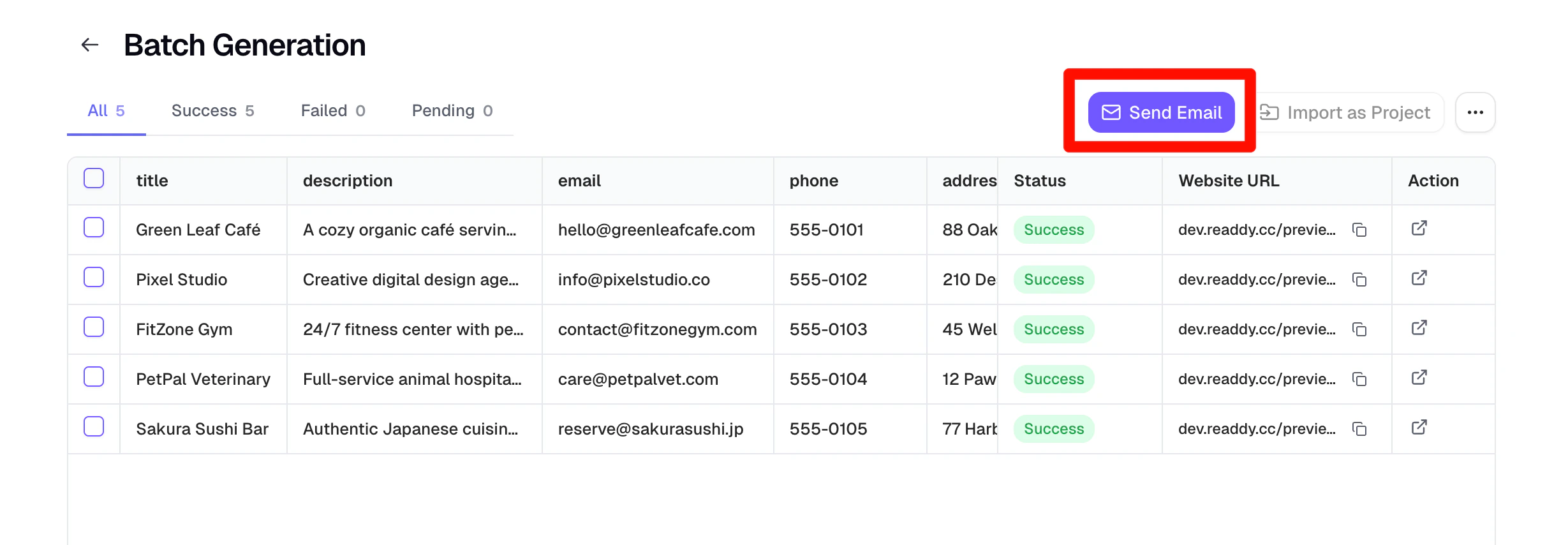 Click Send Email from Batch Generation results