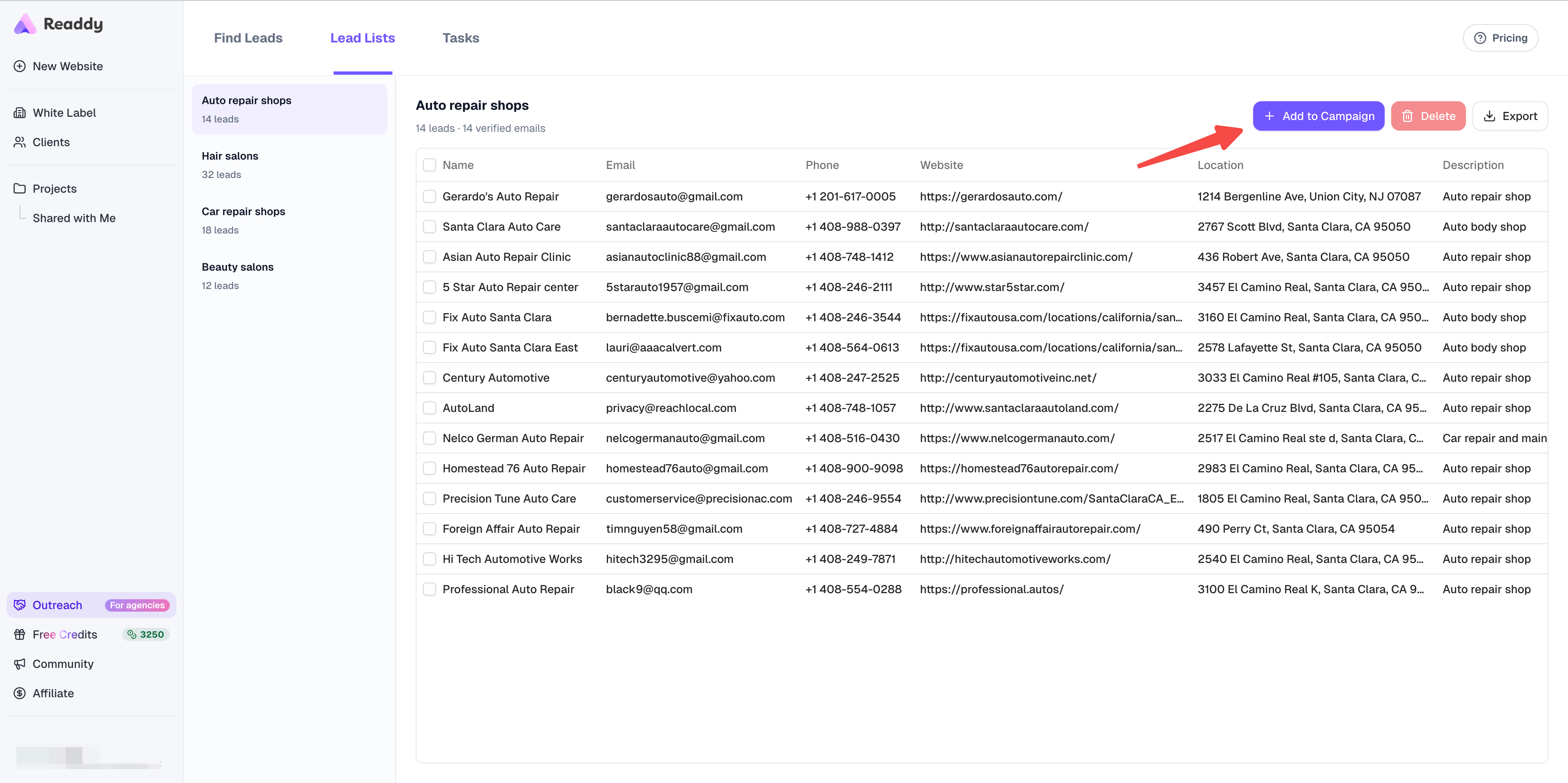 Lead Finder Lead Lists table with Add to Campaign button