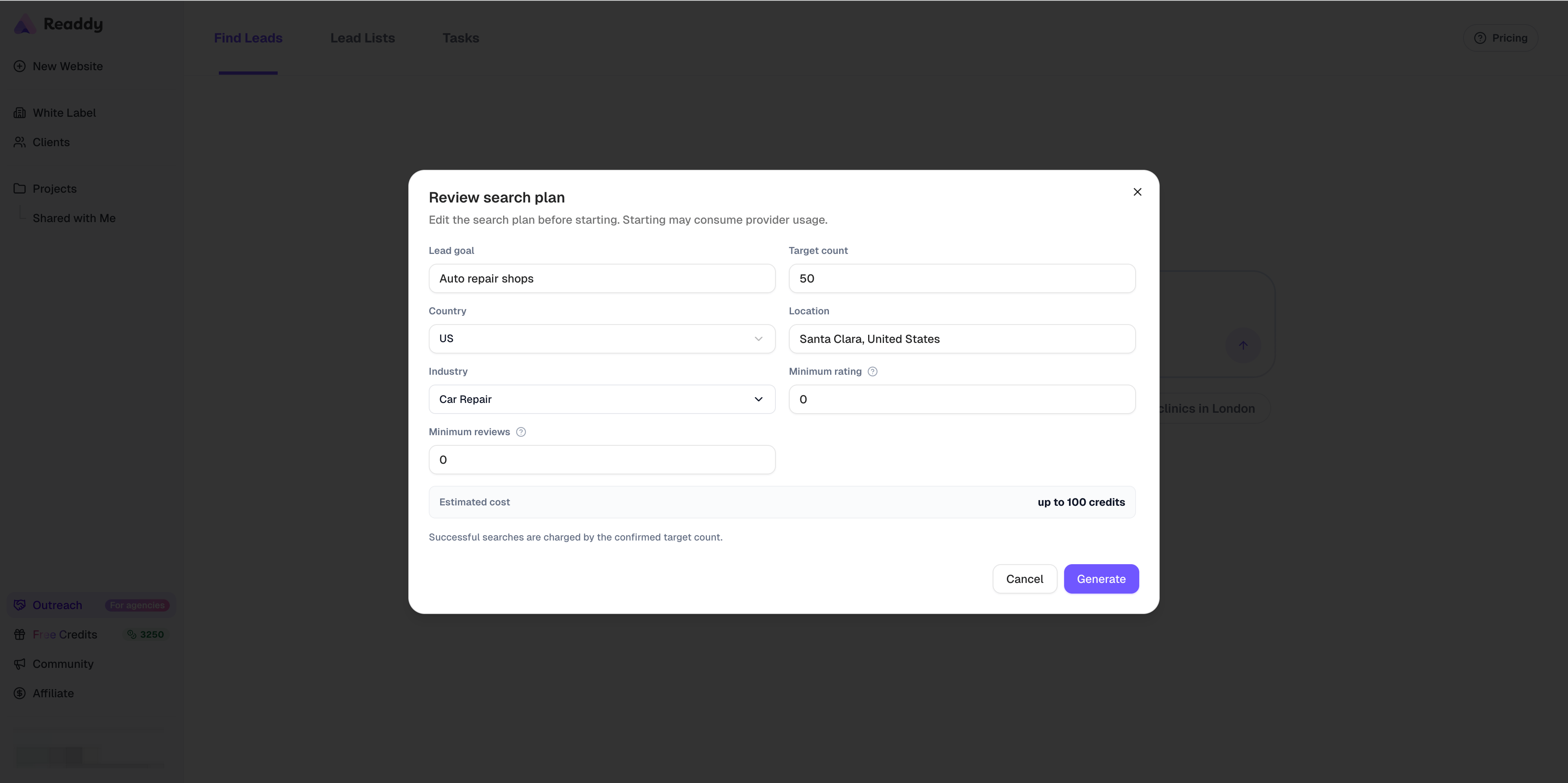 Lead Finder review search plan dialog